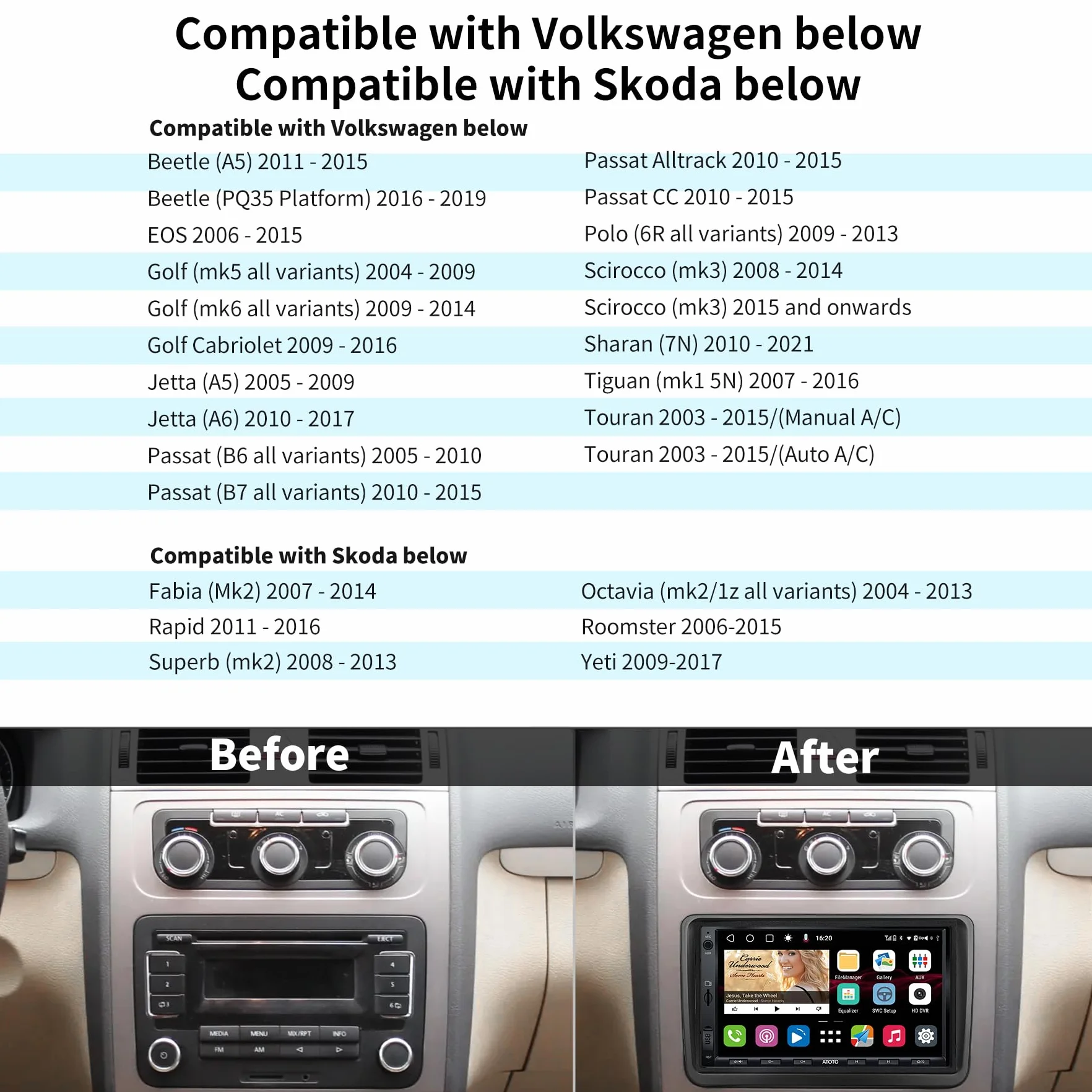 ATOTO S8VW07A4MS 7Pollici Android Autoradio 2 DIN Compatibile con VW Volkswagen/Golf/Polo/Tiguan, Carplay senza fili e Android Auto,Tracciamento GPS, 2 Bluetooth, 4G integrato,4G+32G, per Globale