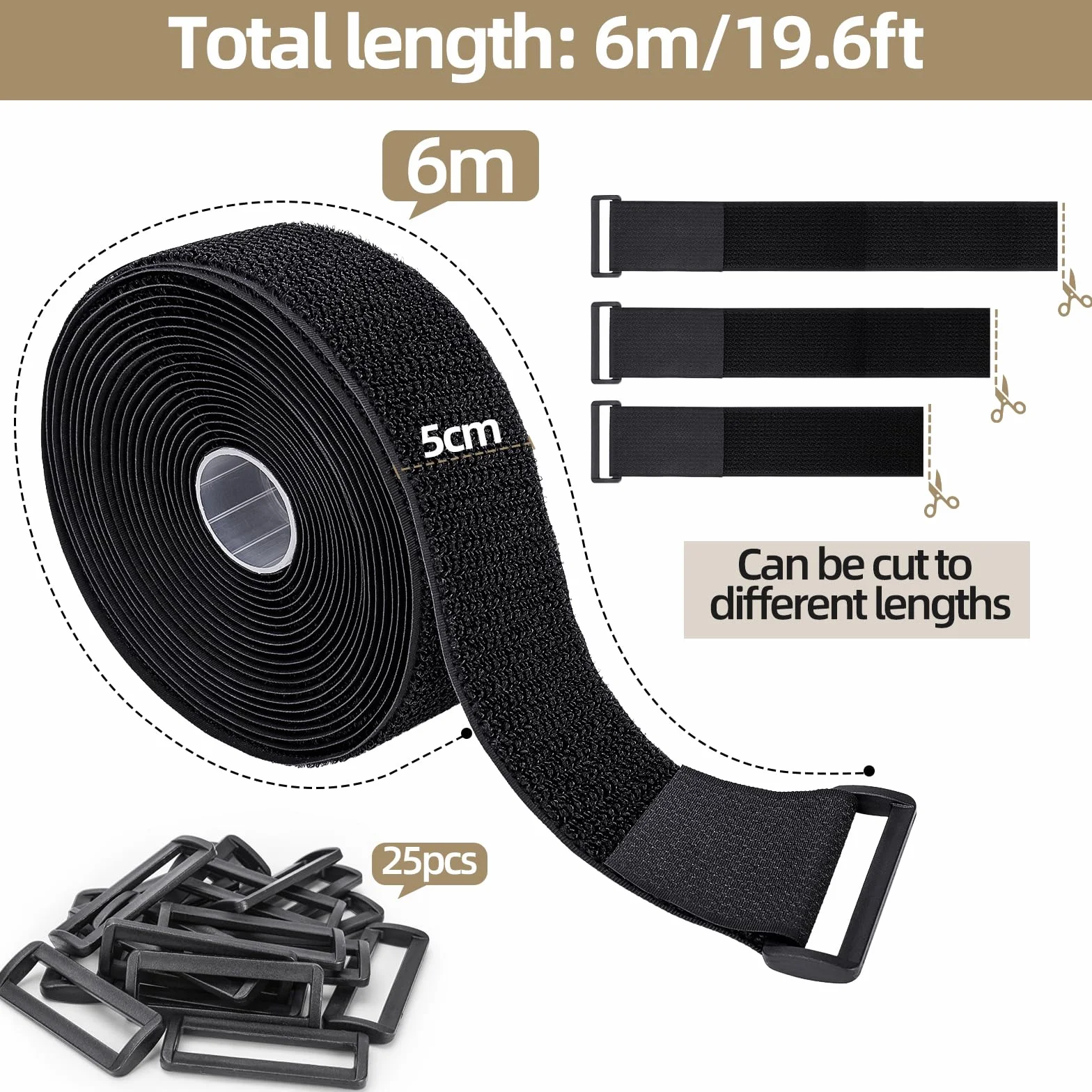 Fascette Fermacavo Riutilizzabili 6M x 5CM 25 Fibbie Nero per Organizzare Cavi