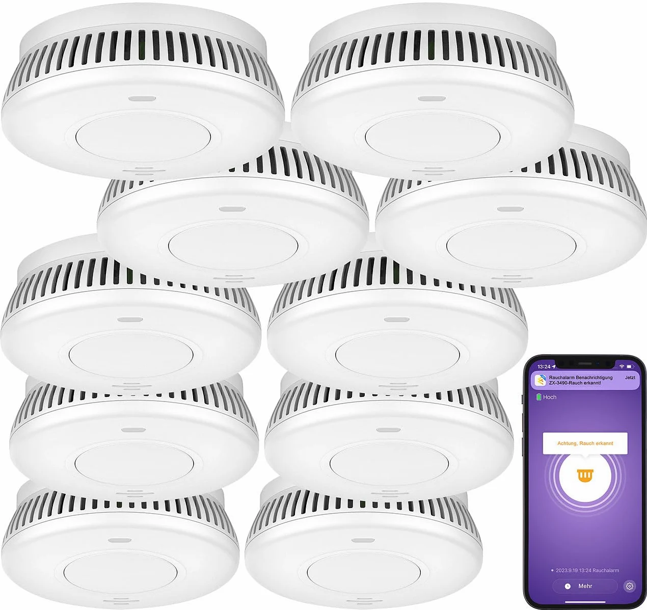 VisorTech sensori di rilevamento fumi: Set da 10 Rilevatore di fumo Wi-Fi, batteria integrata da 10 anni, 85 dB (allarme antincendio, rilevatore fumo wifi)