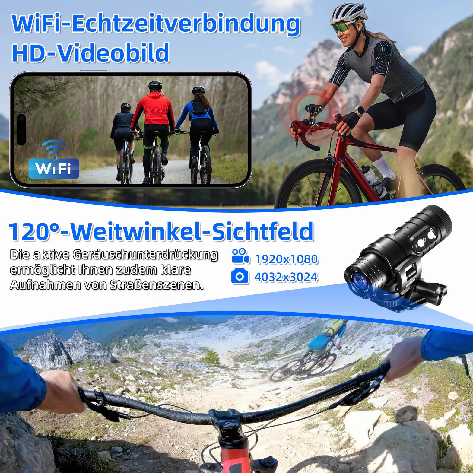 AIKER Dash cam Moto Professionale,Versione Aggiornata WiFi Action Cam IP66 Impermeabile,1080PHD&Angolo Ampio Di 120°Telecamera Moto,Regolazione Automatica Del Livello Dashcam Moto,Facile Da Collegare