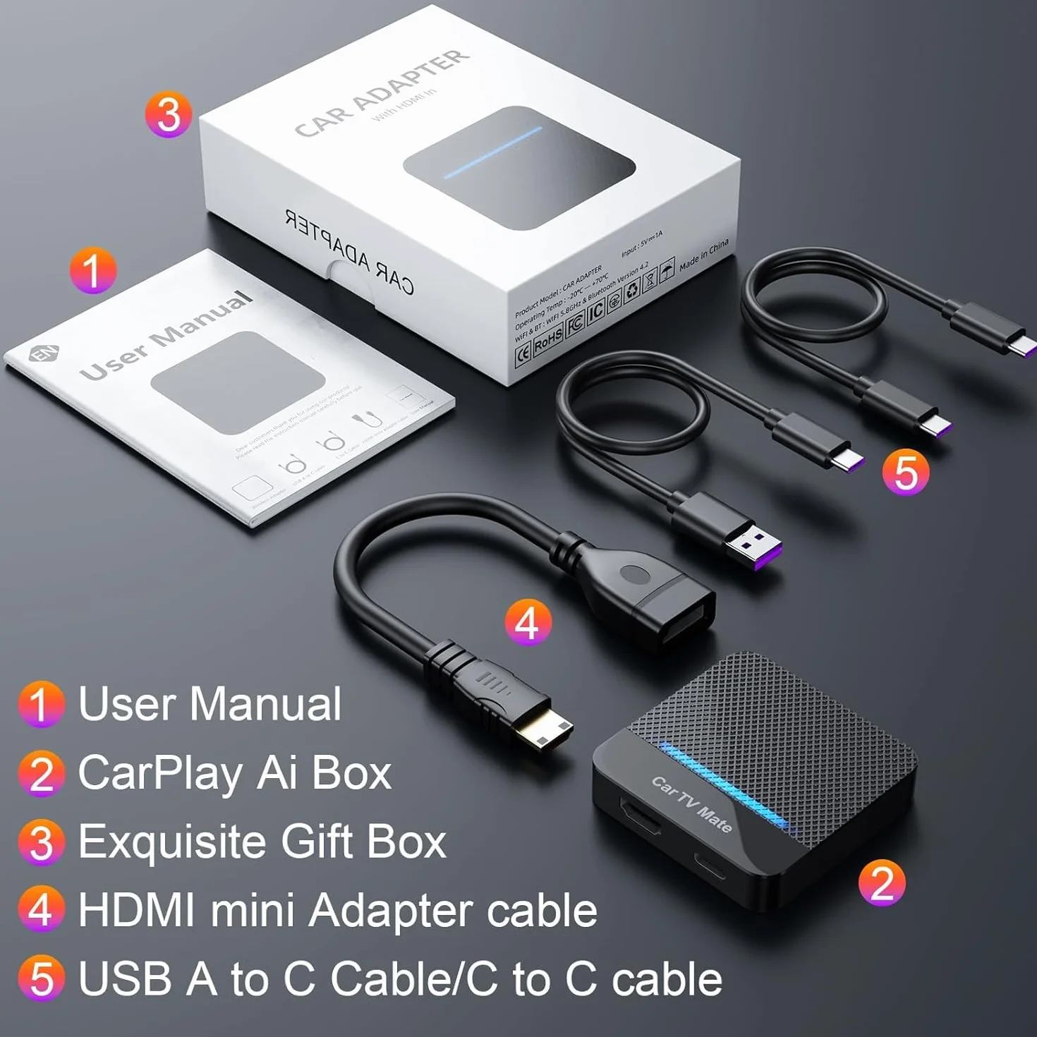 Car TV Mate 2025 Adattatore wireless CarPlay integrato, convertitore Fire TV Stick per auto Plug & Play, stabile, veloce, nessuna latenza, adattatore multimediale HDMl con CarPlay cablato di fabbrica
