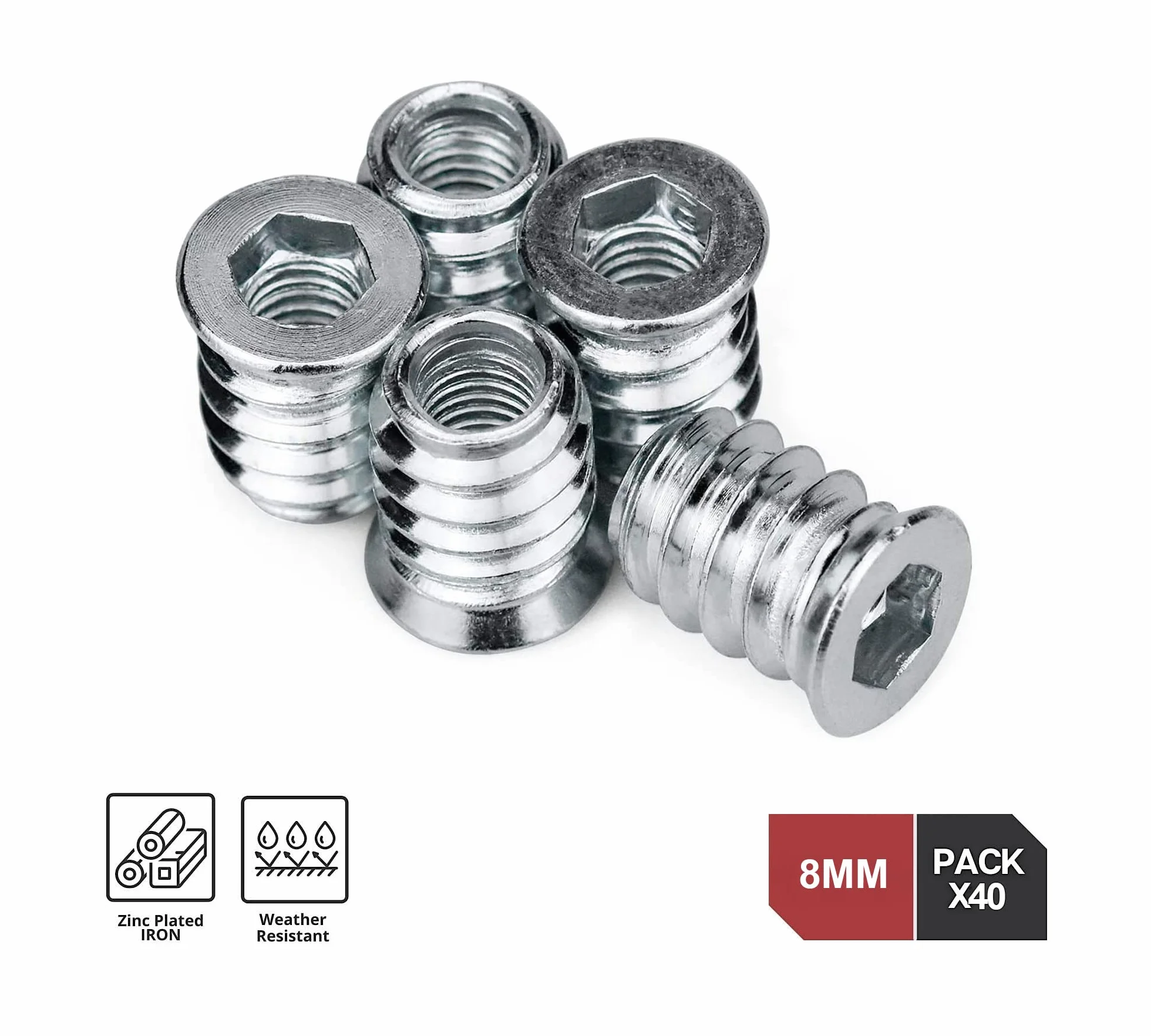 DOJA Industrial | Boccole Filettate per Legno | 40 Pezzi | 8 x 15 mm | Inserti Filettati | Rivetti Filettati Esagonali | Dadi esagonali in lega | Bussole Filettate | Inserti a Legna | Per Compensato