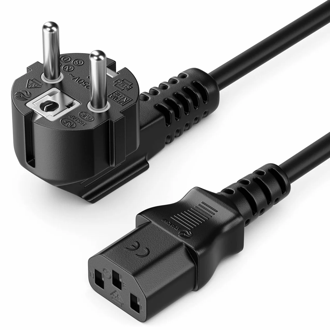 deleyCON 2m Cavo Alimentazione Corrente Linea con Spina Tipo F (CEE 7/7) 90° Angolato a Presa C13 PC Computer Monitor Stampante Proiettore - Nero