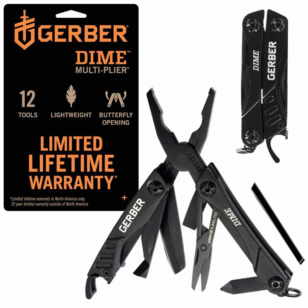 Gerber Utensile Multifunzione con 12 Funzioni, Multiutensile Tascabile Dime, Nero, 1014030