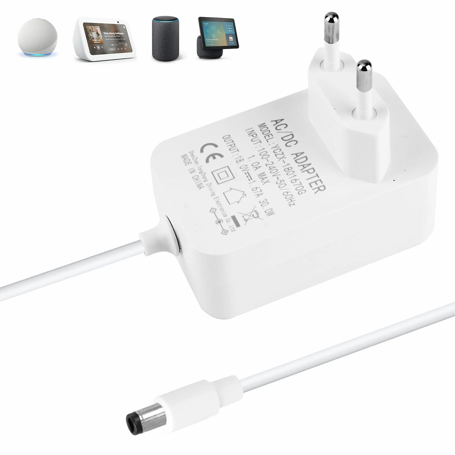 Cavo Alimentatore 30W per Alexa Echo 3ª/4ª Gen, Echo Show 8/10/15, Echo Show 2ª Gen, Echo Plus 2ª Gen, Adattatore 18V 1.67A AC a DC con Cavo da 1.2 Metri, Compatibile Solo con Dispositivi 18V, Bianco