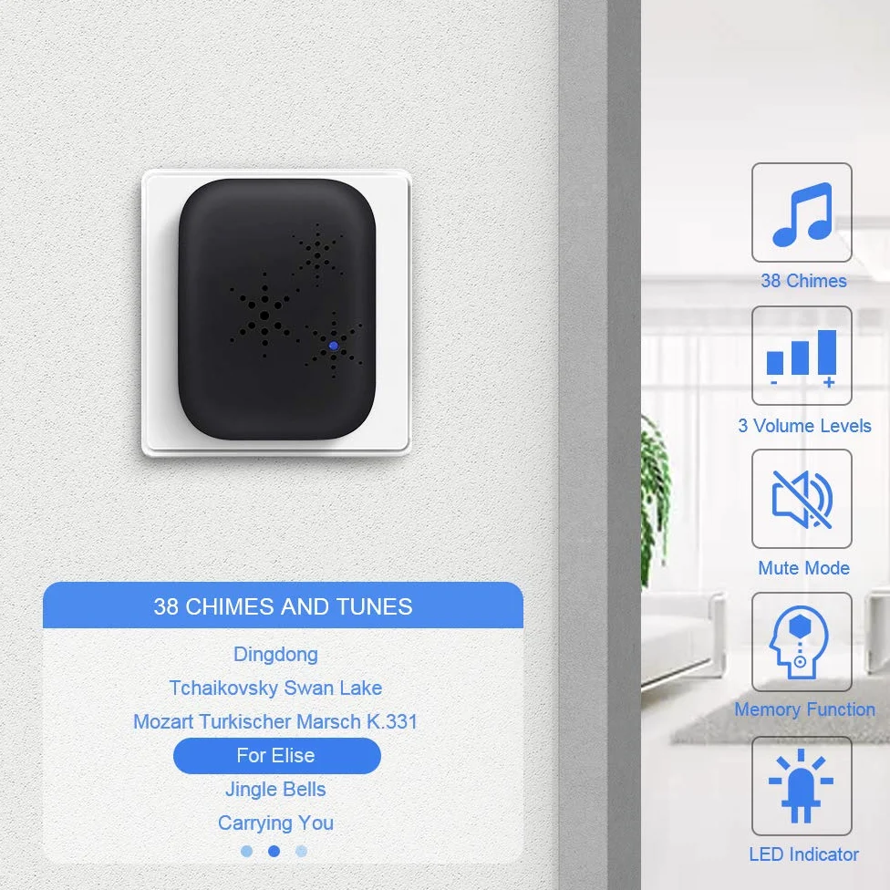 Campanello Radio Senza Batteria, PDGROW Campanello Senza Fili Impermeabile Campanello Wireless Autoalimentato Una Portata di 150m con 2 Ricevitori, 38 Melodie, 4 Livelli di Volume e Flash LED - Nero