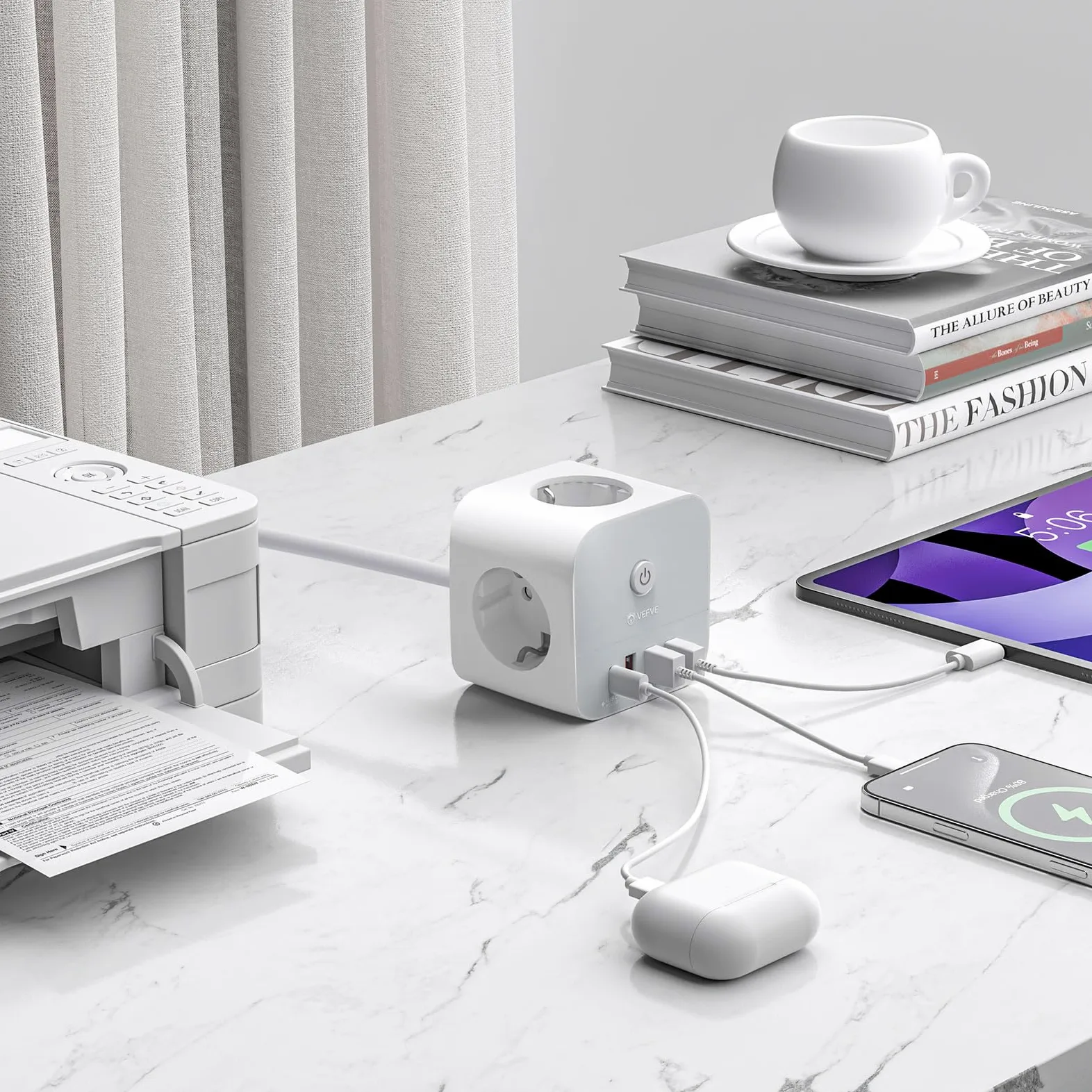 VEFVE Ciabatta con cavo, 7 in 1 cubo, presa multipla con USB C 20 W, 3 prese, 1 USB-C e 3 USB-A, 3680 W con interruttore, cavo di prolunga da 5 m