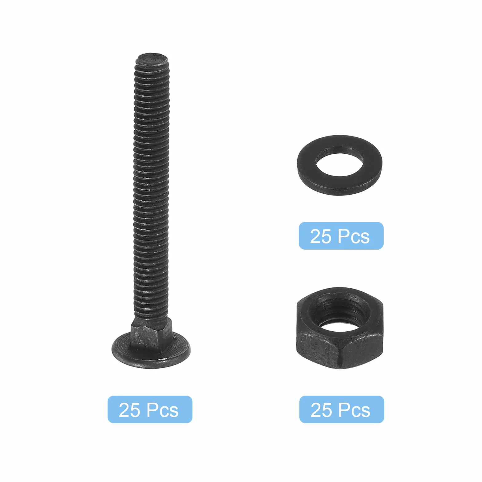 Kit 25 viti M6 x 50 mm a testa tonda con collo quadrato, set fissaggio con rondelle e dadi, acciaio al carbonio ossido nero