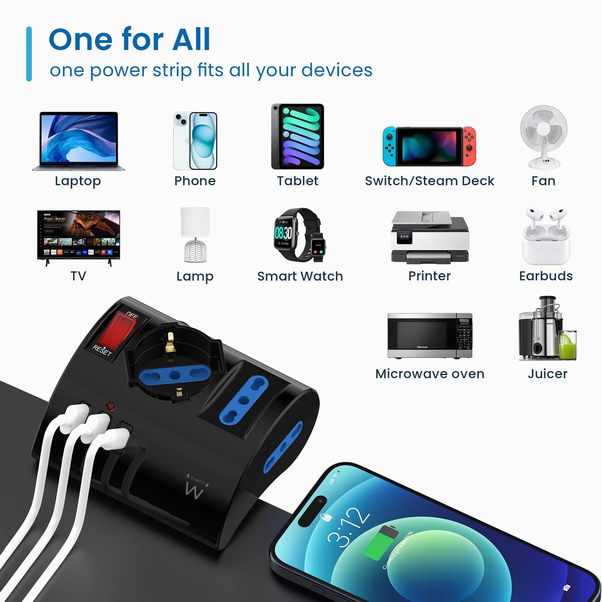 Ewent Multipresa da scrivania/tavolo con 3 Prese 10/16A e 2 porte USB-A e 1 porta USB-C, Interruttore ON/OFF, 3500W, Protezione da Sovraccarico,Spina IT10A e cavo da 2mt,Nera, 3 prese (2ITA/Schuko)