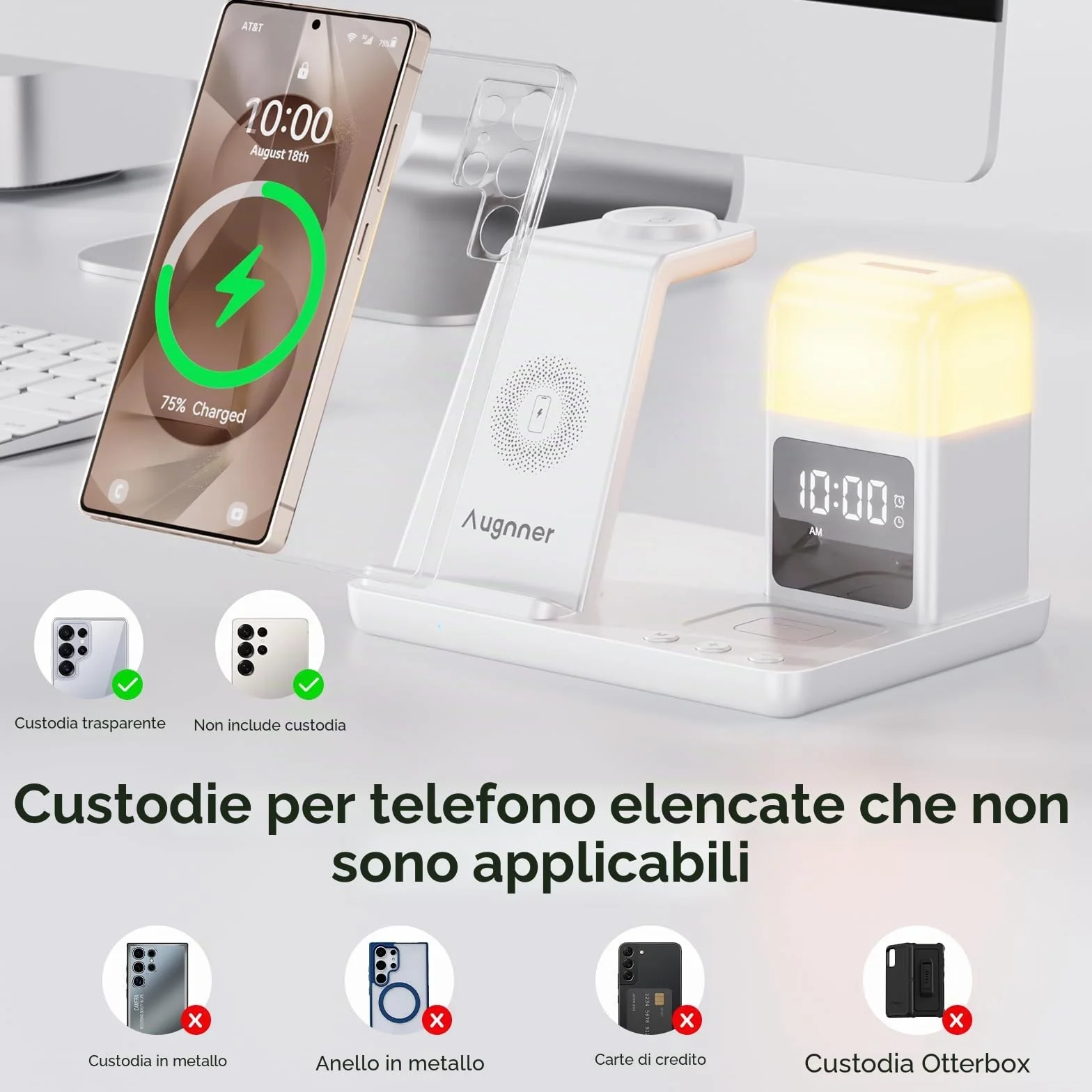 Stazione di Ricarica Induttiva 6 in 1 Aggiornata per Samsung con Sveglia e Luce a 3 Colori | Ricarica Senza Fili 15W Rapida per Galaxy S25/S24/Z Fold6/Flip/Note Galaxy Watch Ultra/6/5 Pro Galaxy Buds