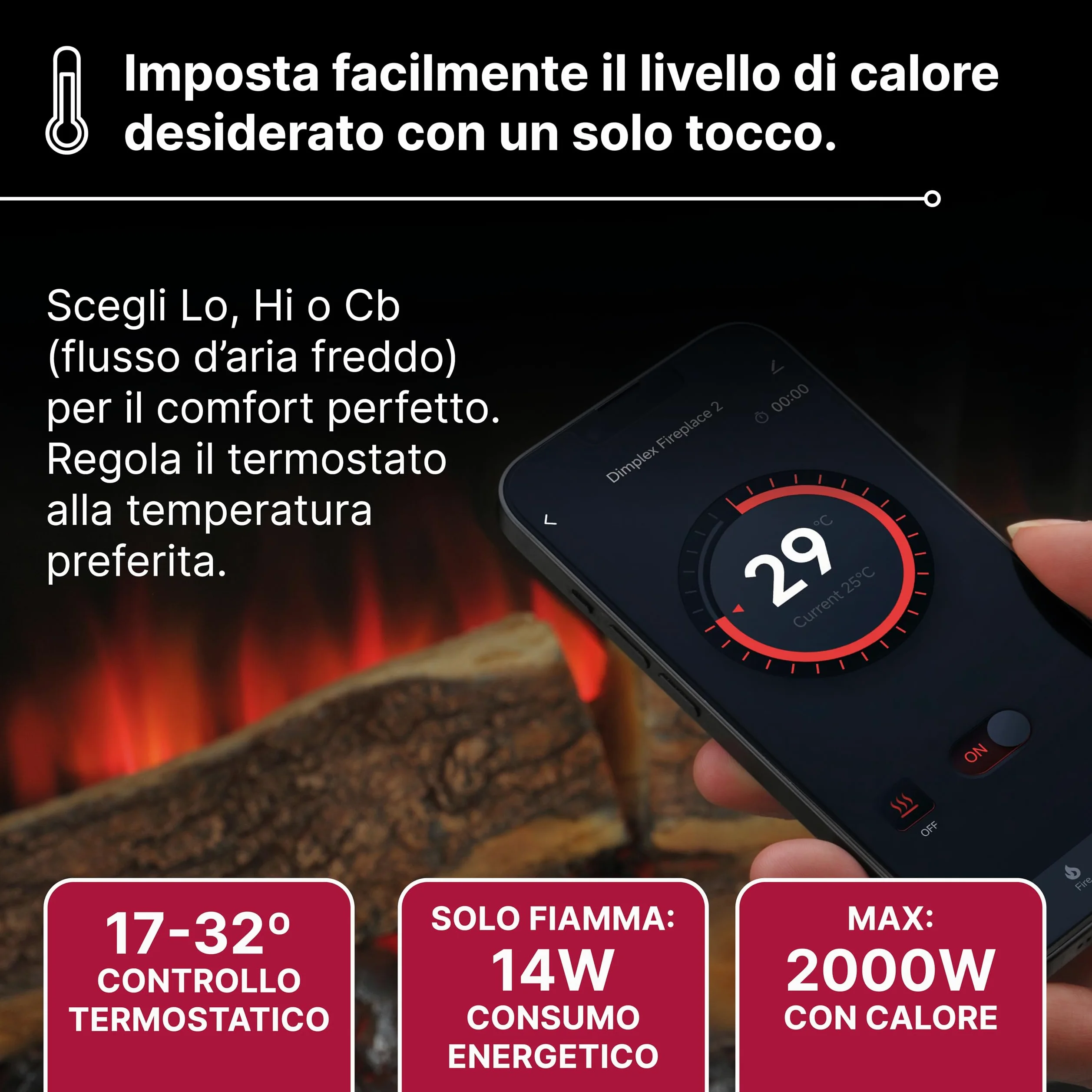 Dimplex Spark 28" Camino Elettrico da Incasso Camino Elettrico da Parete con Termoventilatore 2 kW Effetto Fiamma LED Optiflame, Velocità e Luminosità Regolabili Incluso Timer e Telecomando