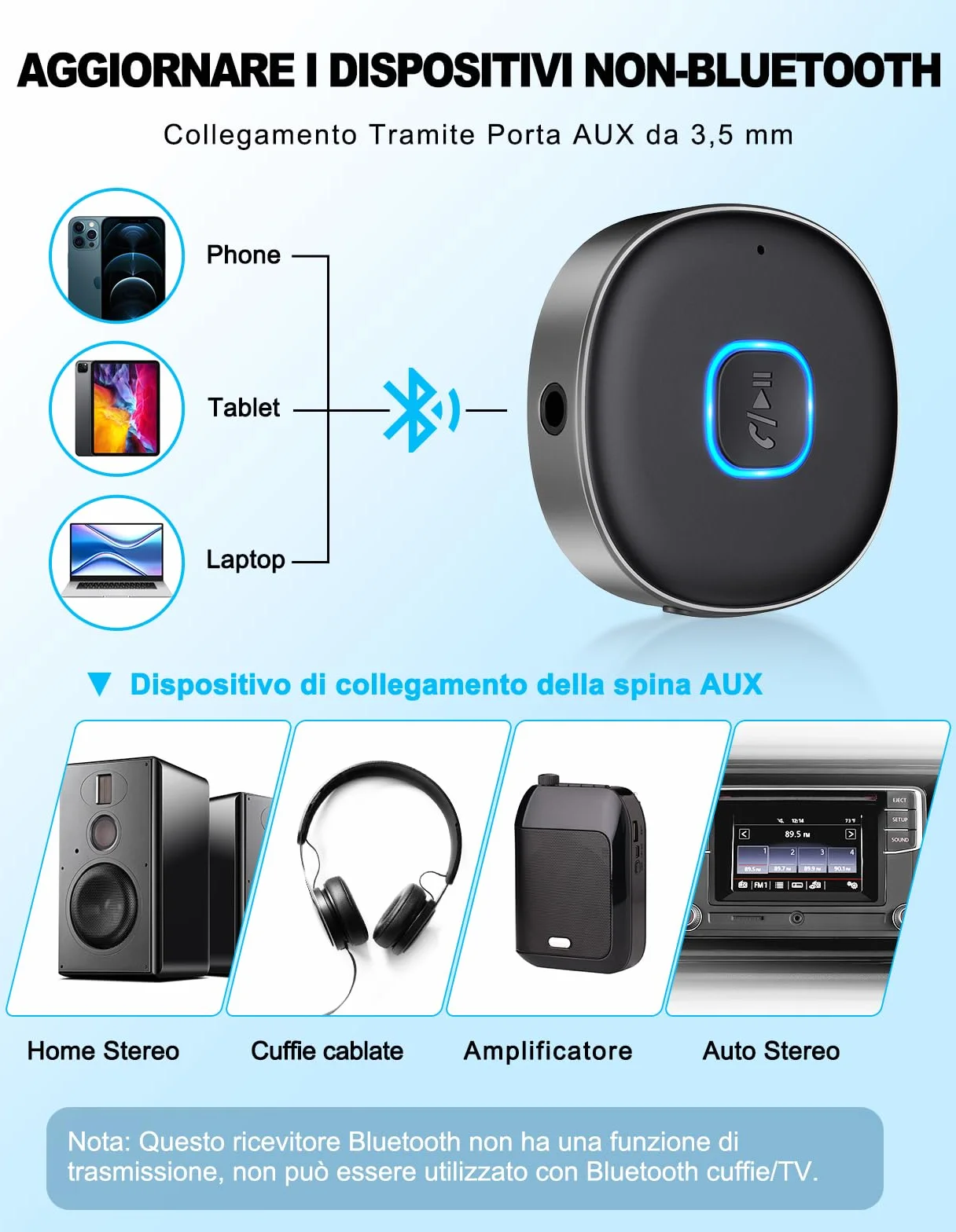 Mohard Ricevitore Bluetooth 5.3, Mini Aux Bluetooth Auto per Stereo/Cuffie Cablate/Altoparlante, Jack 3.5 mm Adattatore Amplificatori, 16 Ore di Riproduzione, Chiamate in Vivavoce, Connessione Doppia