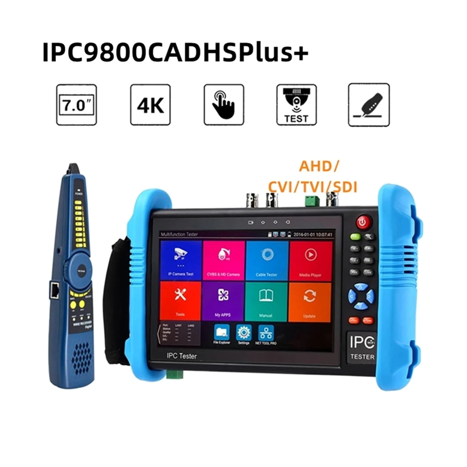 Tester CCTV, Tester for telecamera di sicurezza CCTV 6 in 1 da 7 pollici, supporta TVI8MP, CVI8MP, AHD8MP, EX-SDI8MP, tester portatile con uscita 12V