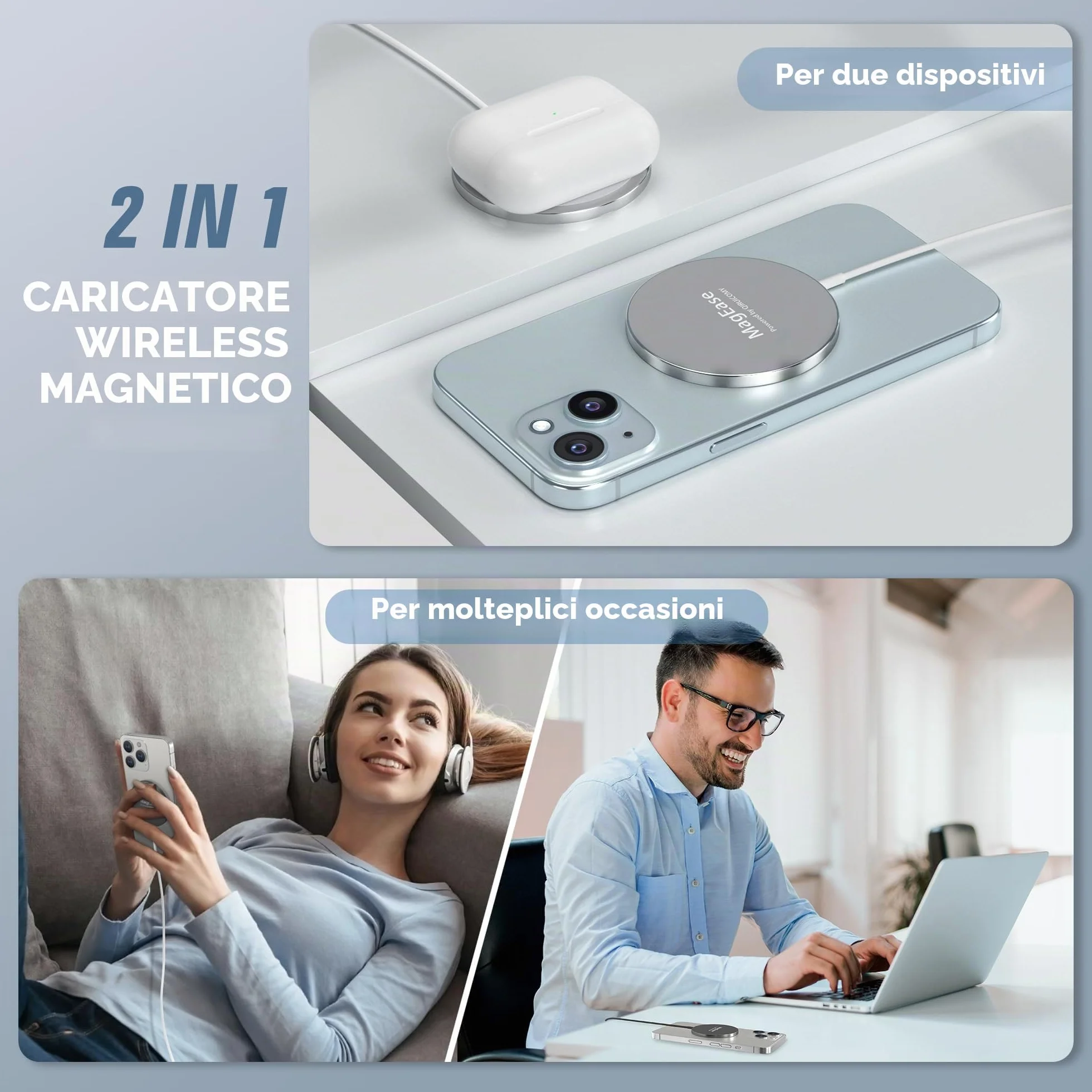 Caricatore Wireless Magnetico 2 in 1 – Design Ultra Sottile in Lega di Alluminio Compatibile con iPhone 16/15/14/13/12 (tutti i modelli) e AirPods 4/3/2/Pro (Bianco)