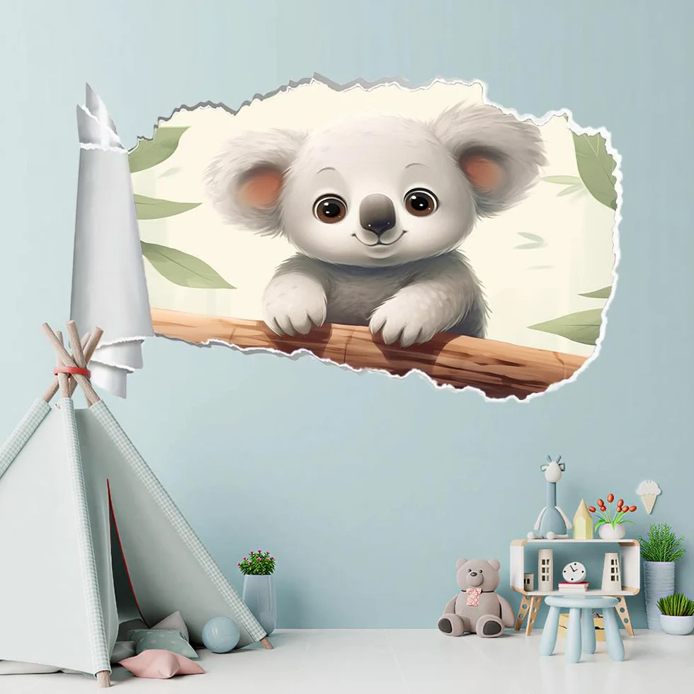 Decalcomanie da muro Art 3D Fracassato Animali Koala Adesivi murali Foglie Carta da parati Camera da letto autoadesivo per ragazze Camera da letto Nursery Home