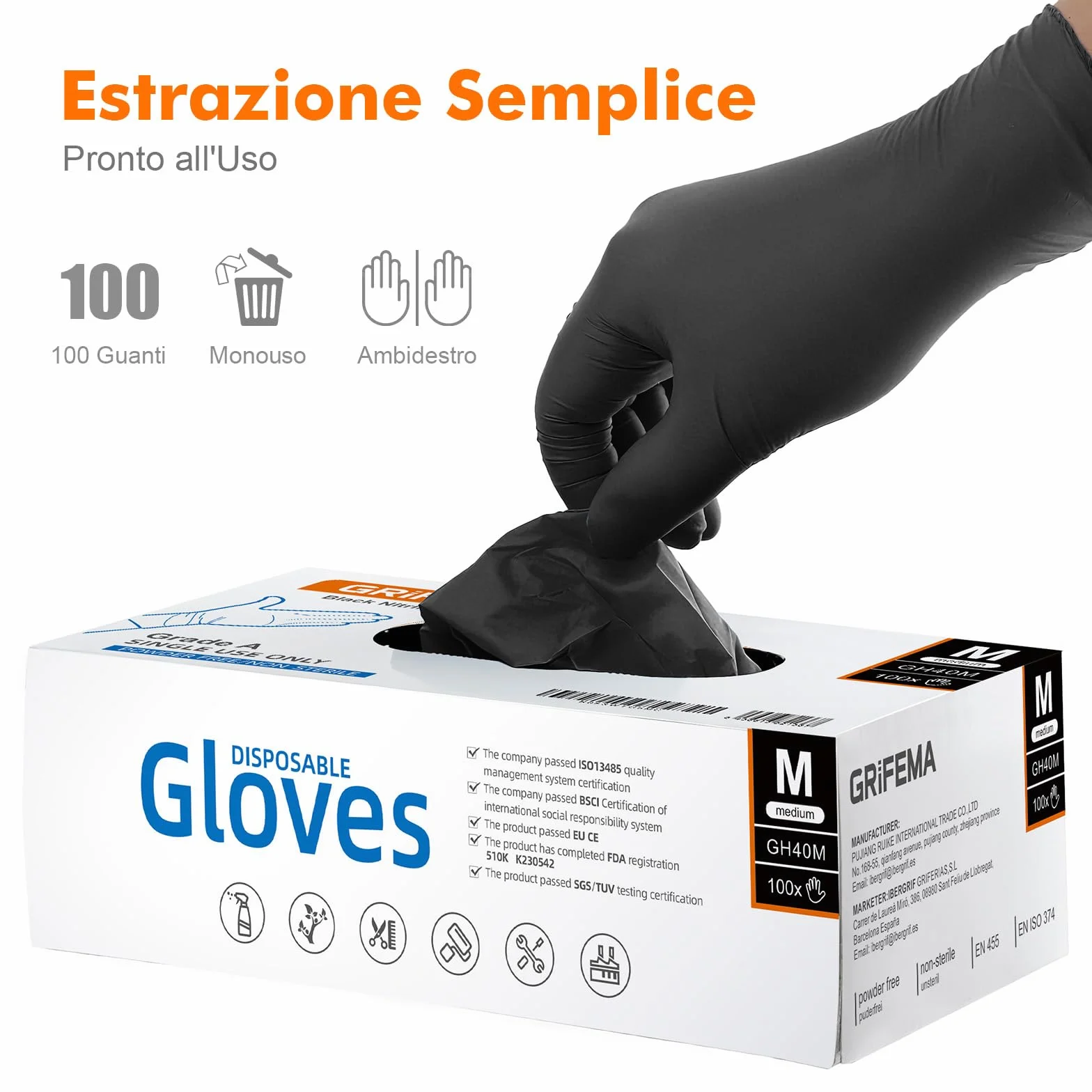 GRIFEMA Guanti in Nitrile Neri 100 Pezzi Taglia, Monouso Senza Polvere e Lattice, Uso Alimentare, Alta Sensibilità Tattile, EN 455/374-M