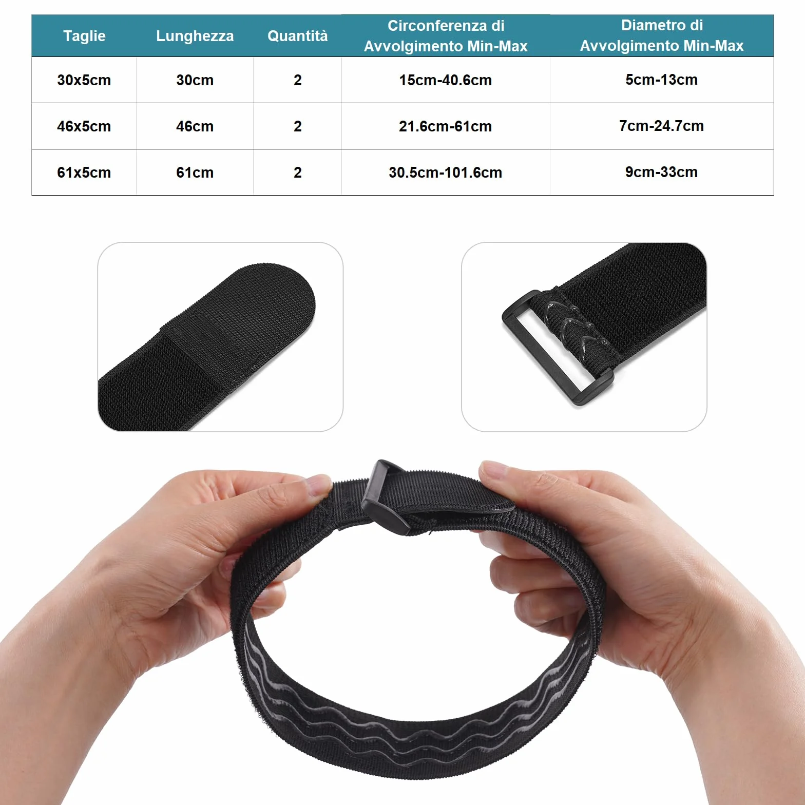 Cinturini Elastici con Chiusure a Strappo 3 Misure 61/46/30cm x 5cm Organizzatore di Cavi