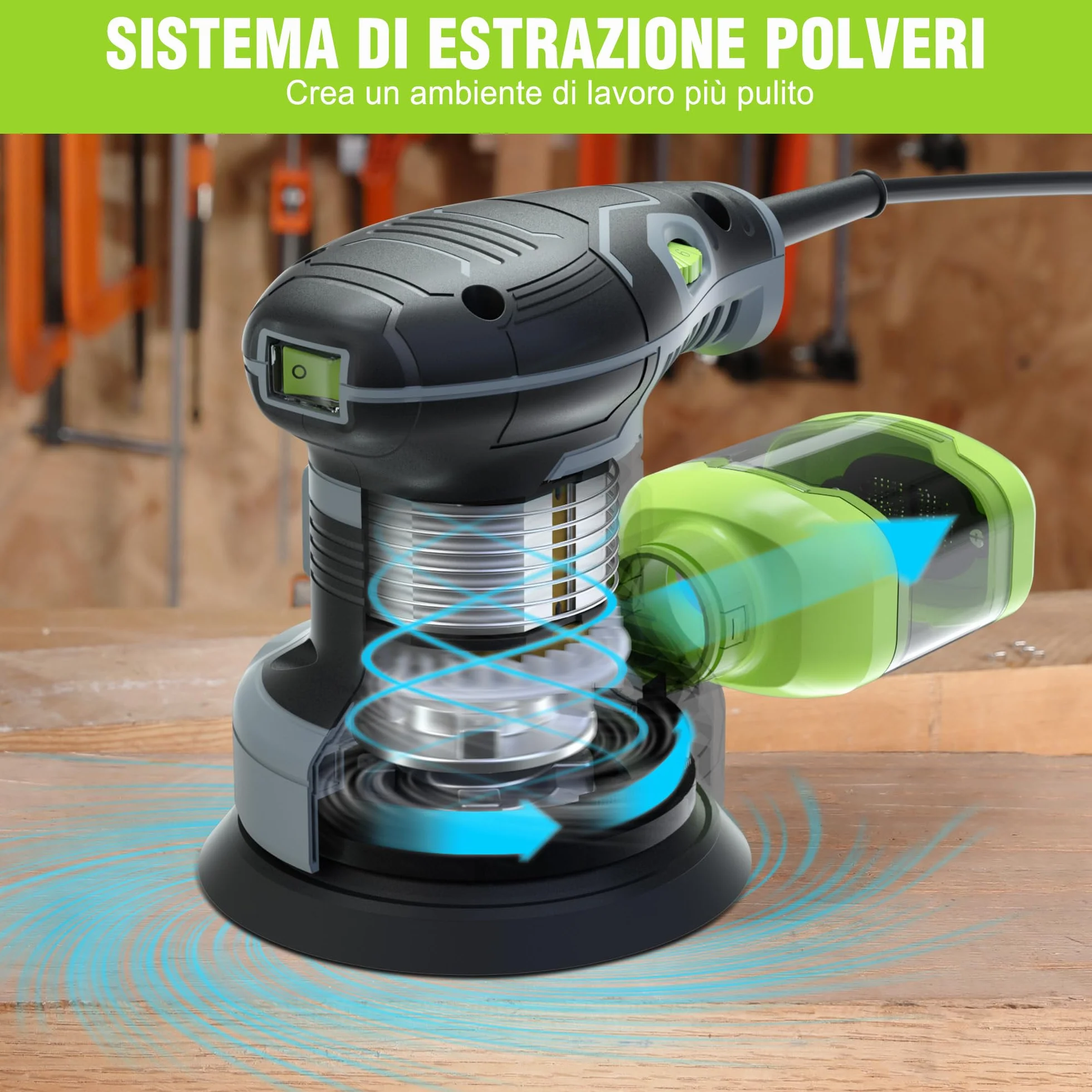 WORKPRO Orbitale 125mm, Rotorbitale 300W 7000-13000 OPM, Eccentrica con Aspirazione e Contenitore Polvere, 20 Pezzi Carta Abrasiva
