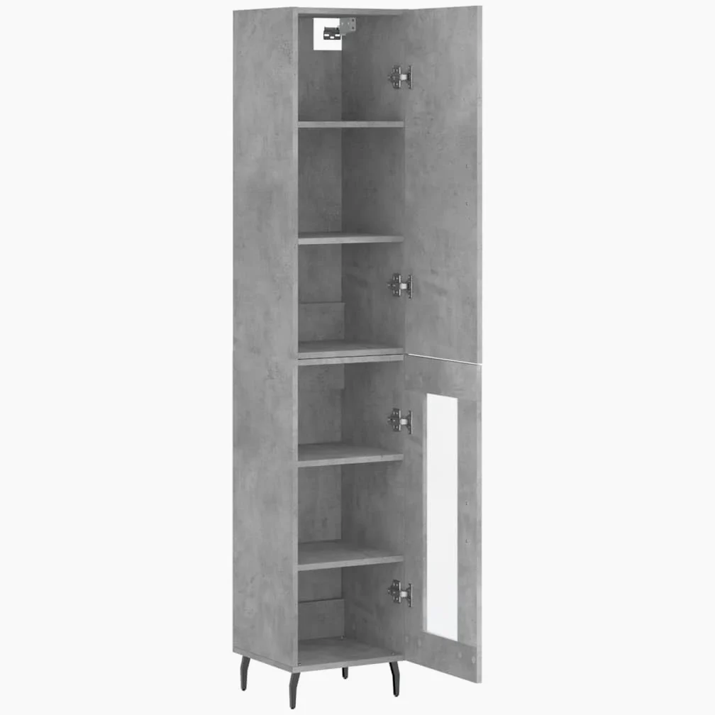 Armadietto alto in legno grigio cemento, 34,5 x 34 x 180 cm, con molto spazio e piedini in metallo, per soggiorno, comò e credenza, elegante armadio da corridoio dal design pratico