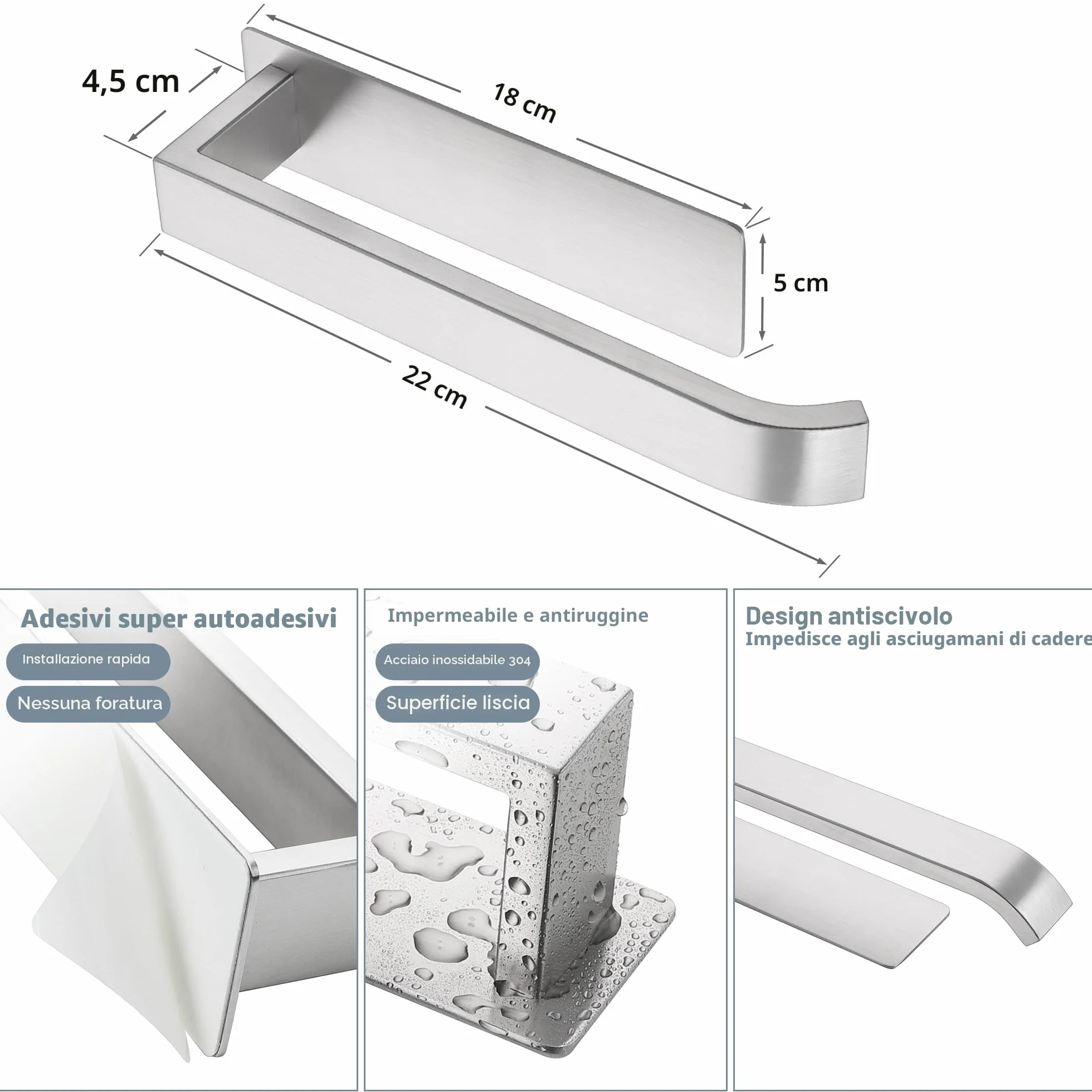 Porta Asciugamani Bagno Adesivo in Acciaio Inox 304 22CM Senza Foratura Spazzolato Argento
