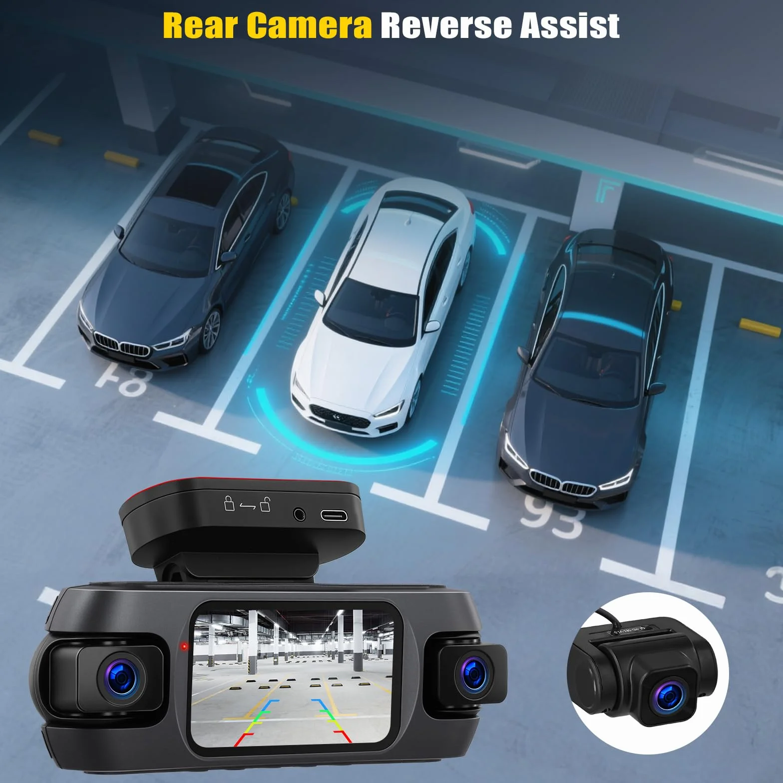 4K 360° Dash Cam Auto con GPS, Videocamera per Auto con Grandangolo 150°, Visione Notturna Super, Monitoraggio del Parcheggio, Sensore G, Registrazione in Loop, APP, Assistenza alla Retromarcia