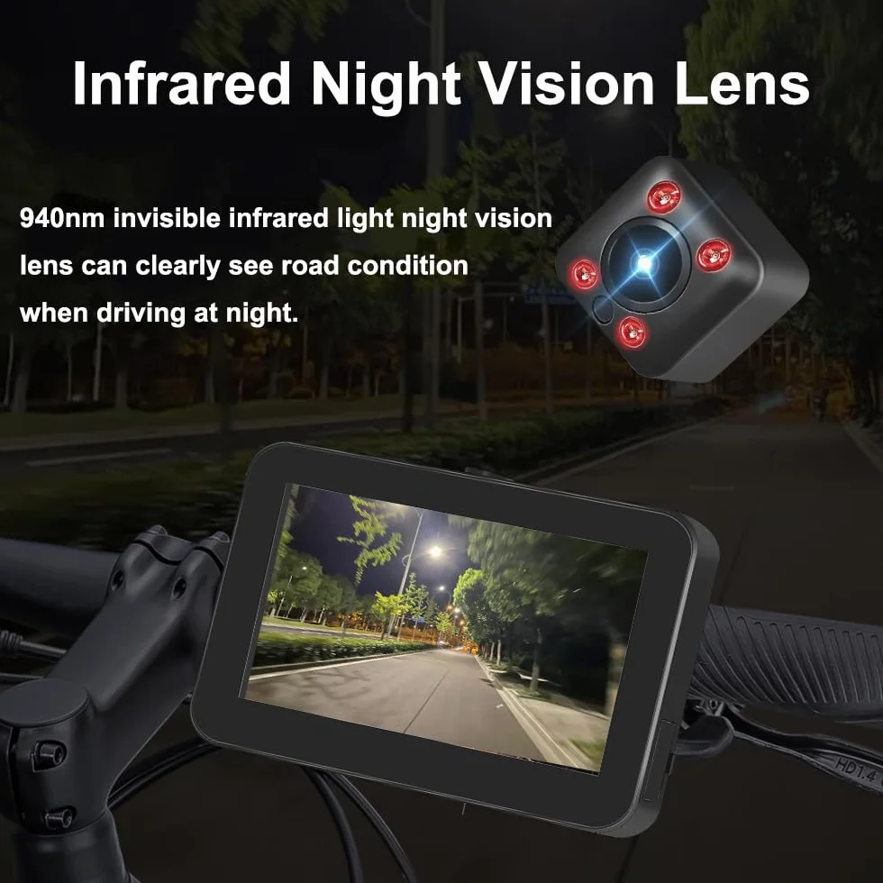 Telecamera posteriore per bicicletta VSYSTO, display HD impermeabile da 4,3 pollici con GPS, controller cablato, visione notturna a infrarossi, display di temperatura e calorie