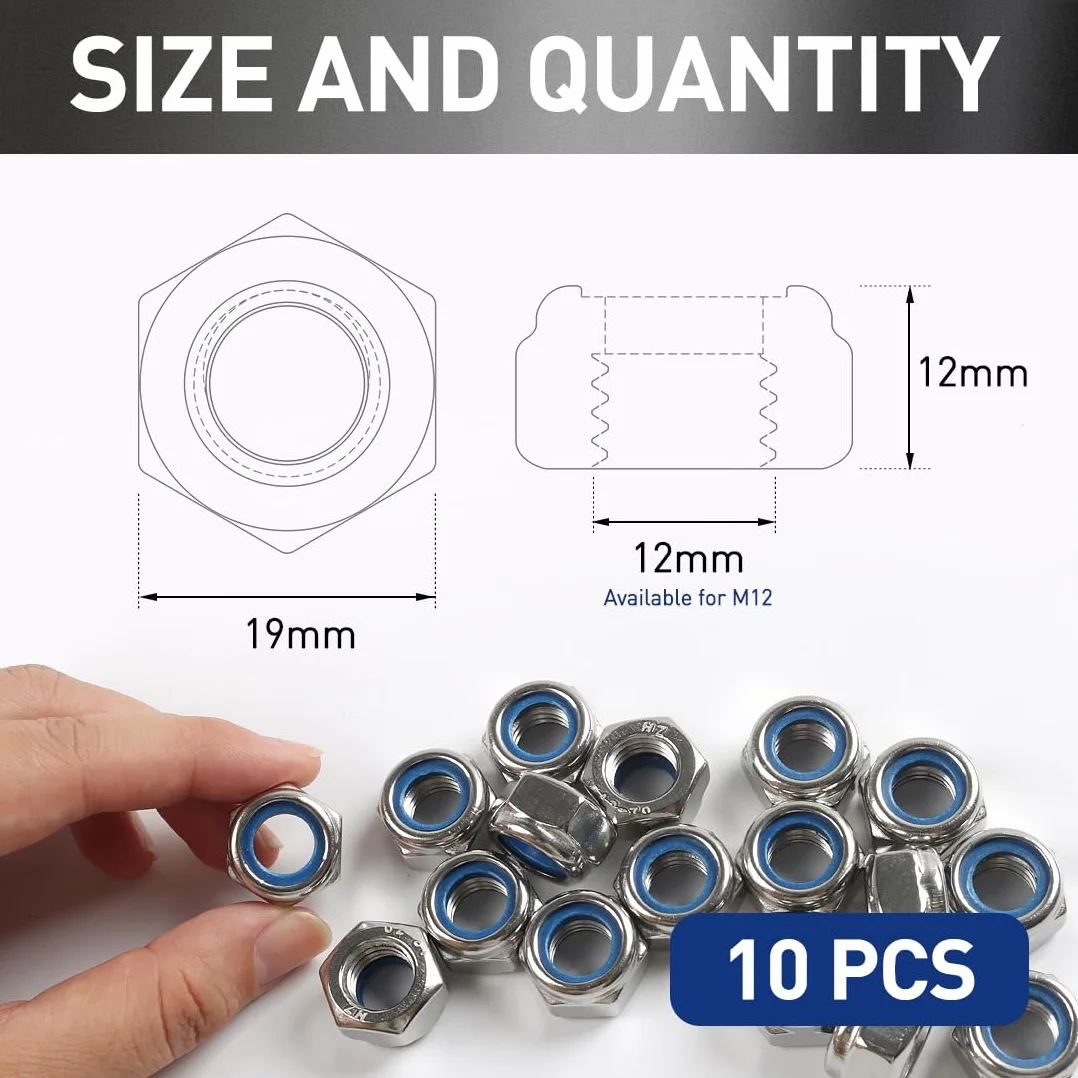Dadi di Bloccaggio M12 10 Pezzi Esagonali Acciaio Inox A2 V2A DIN 985 Sicurezza