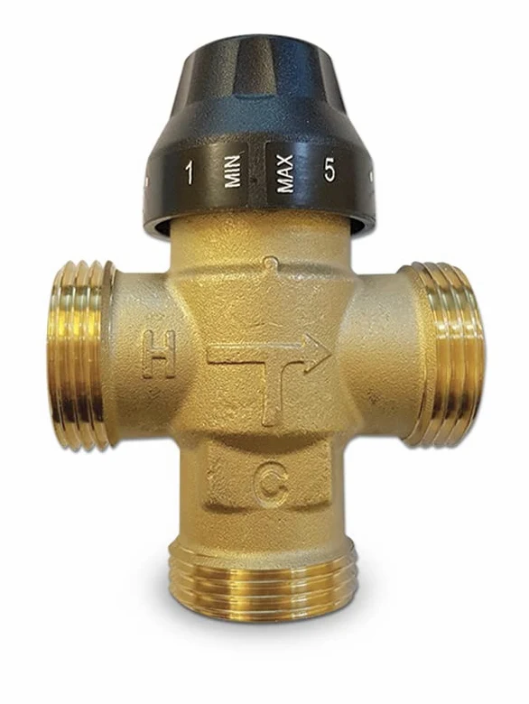 Miscelatore termostatico antiscottatura per piccole utenze, 1" M a tenuta piana, campo di regolazione: 30-65 °C