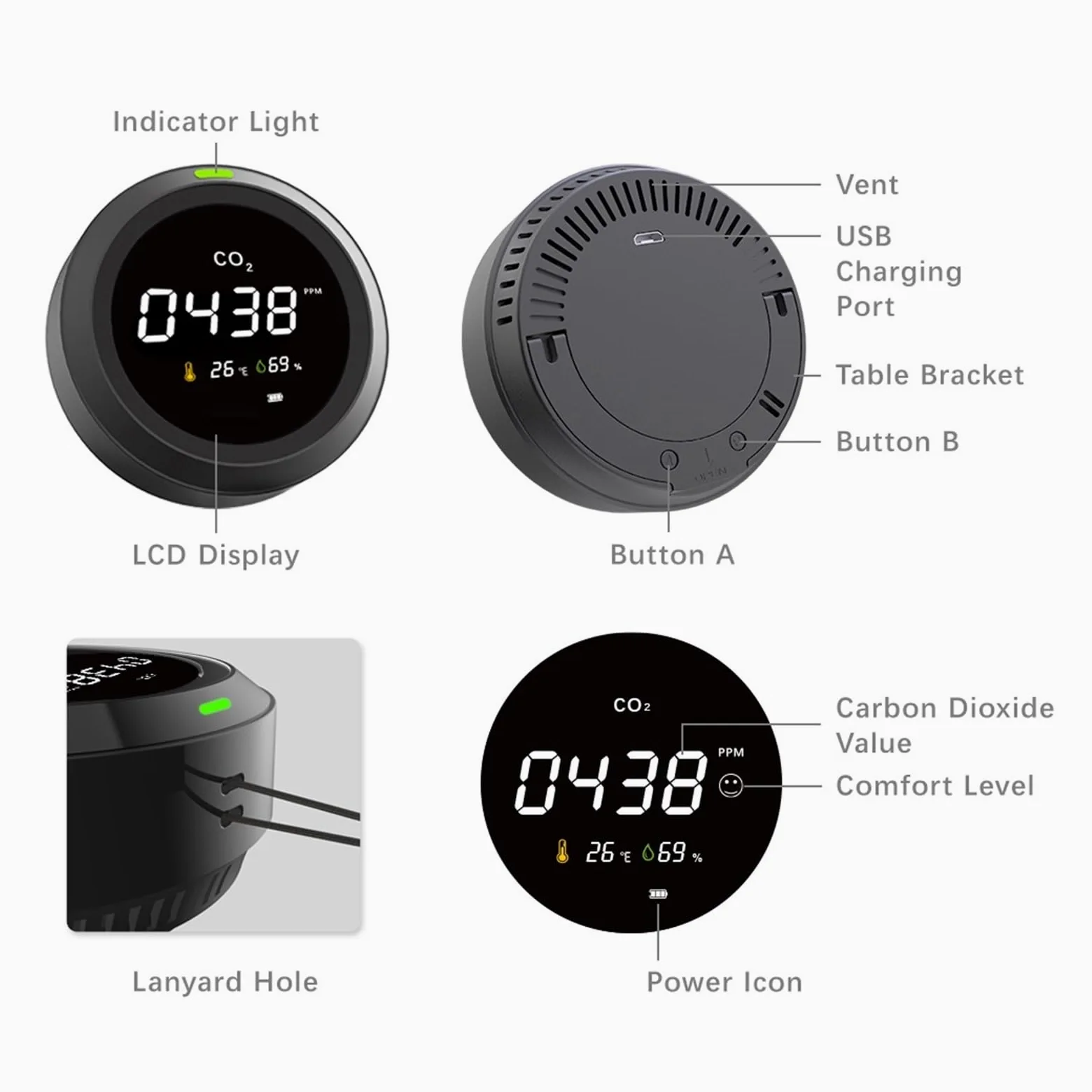 Misuratore di CO2 Sensore Rilevatore multifunzionale Elettrodomestico Ricarica USB Monitor della qualità dell'aria Analizzatore Per cucina e camper