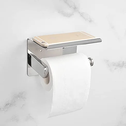 Porta carta igienica in acciaio inox con finitura lucida a specchio e mensola per cellulare, accessorio da bagno durevole per case moderne