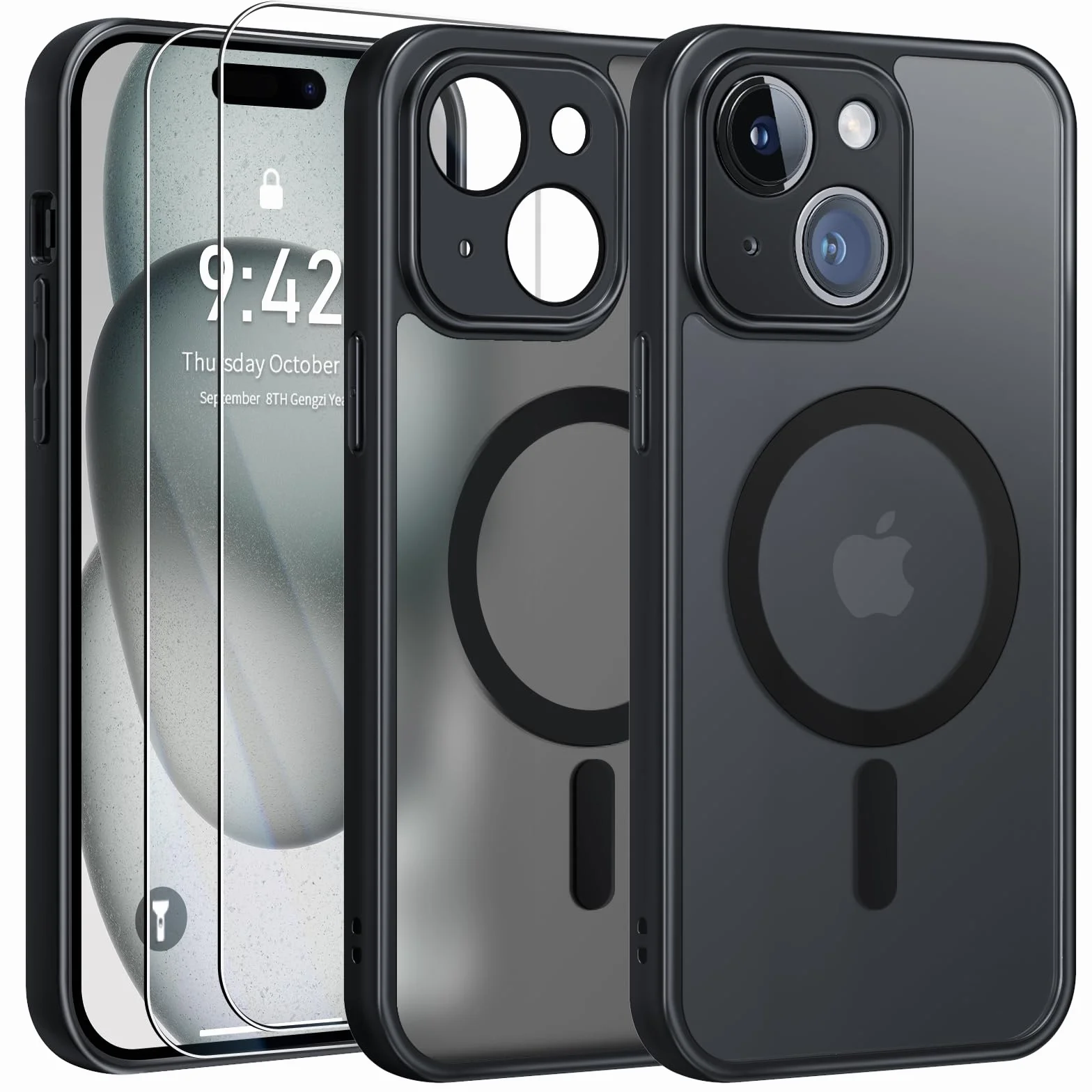 FLLAO Cover Magnetica per iPhone 15 Custodia e 2 Pellicole in Vetro Temperato, Cover iPhone 15 Compatibile con Magsafe, Custodia Traslucida Opaca Posteriore Sottile Antiurto Protettiva Case, Nero