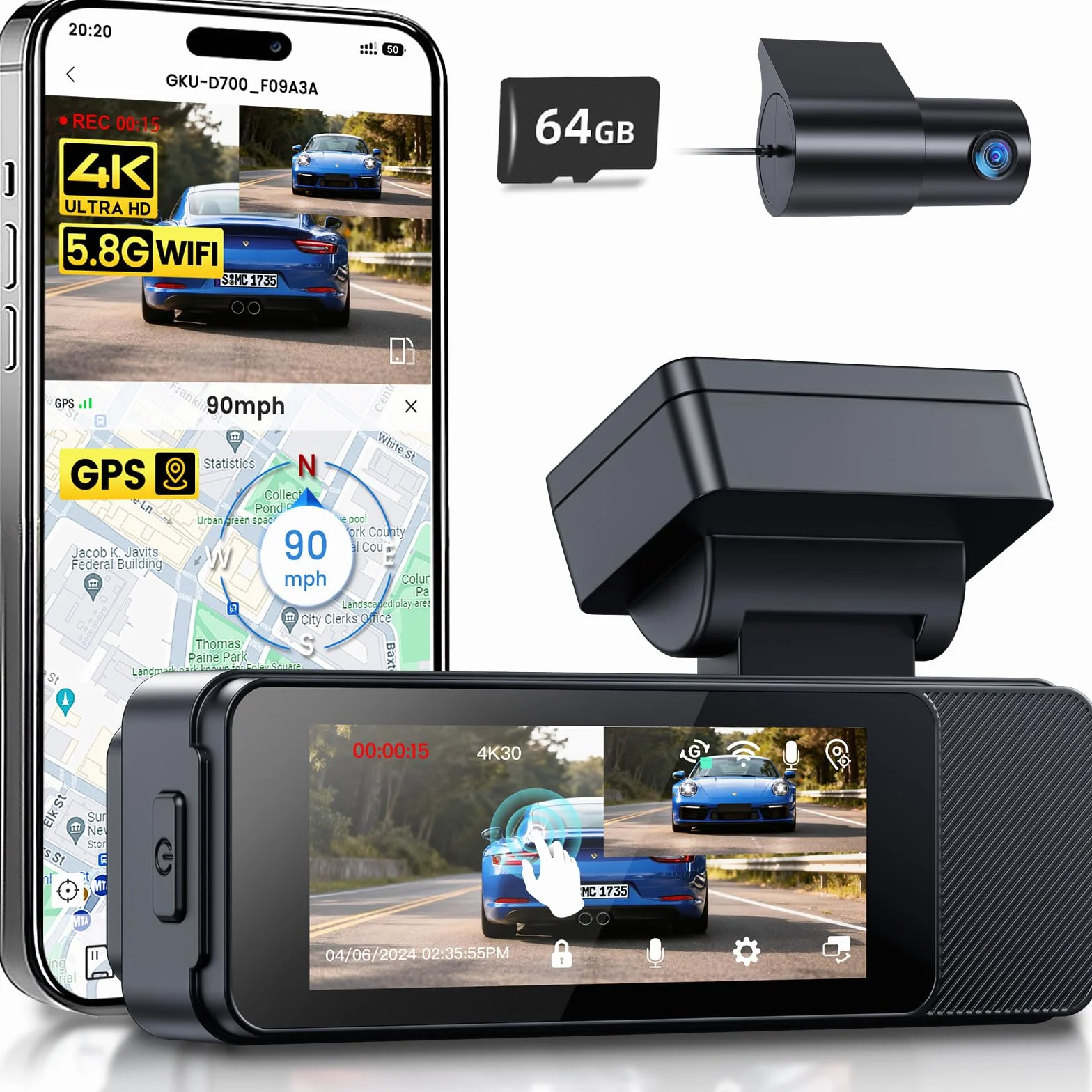 GKU dash cam auto 4K+1080P Fronte/Retro, dash cam con 5.8GHz WiFi e GPS, Touchscreen 3.18", Visione Notturna WDR, Monitor Parcheggio 24H, Sensore G, Loop Recording, Controllo App.