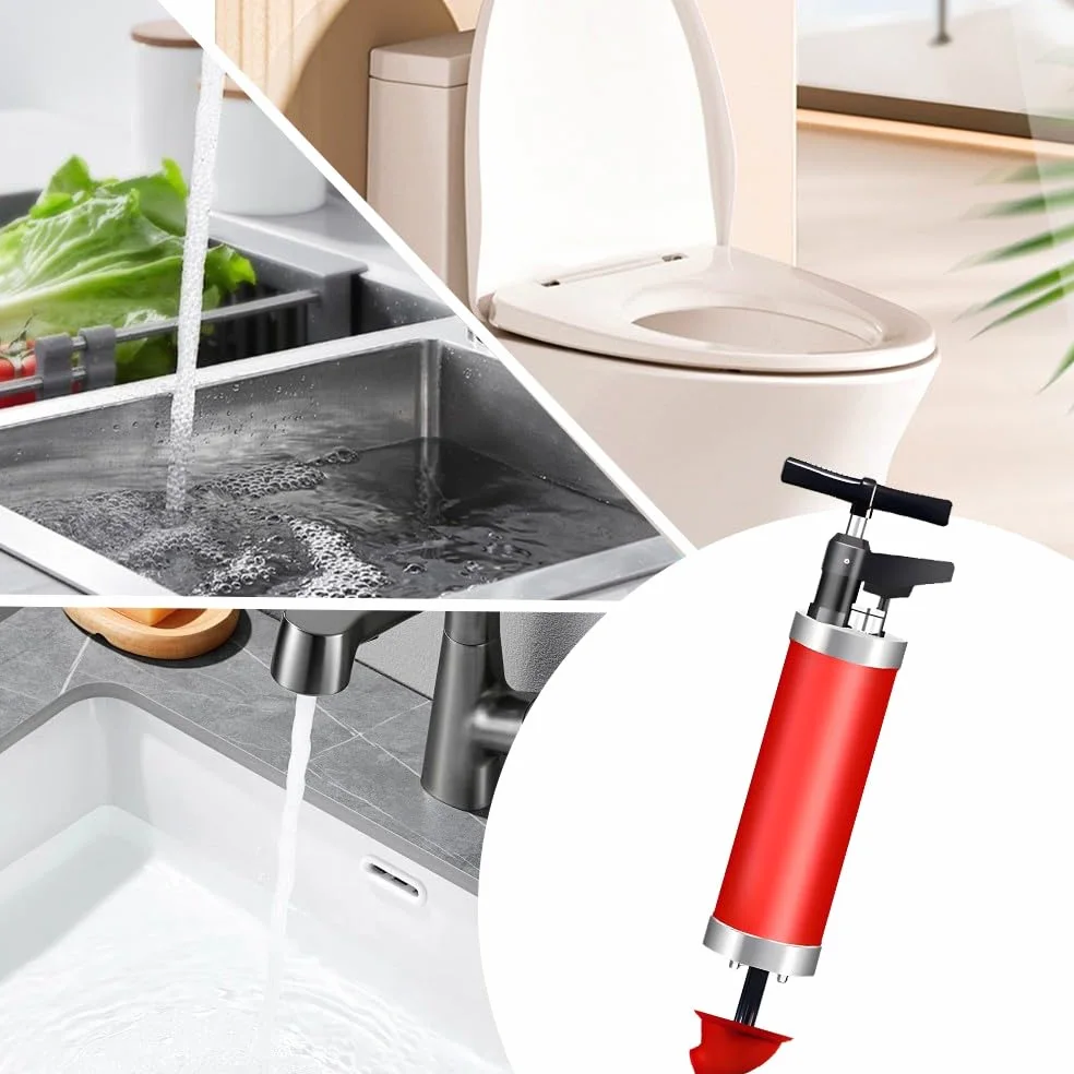 Stura WC con 4 Adattatori per Lavandino, Pompa Stura Scarichi a Pressione con Manometro, Sturalavandino ad Aria Compressa, per WC, lavandino, Vasca da Bagno
