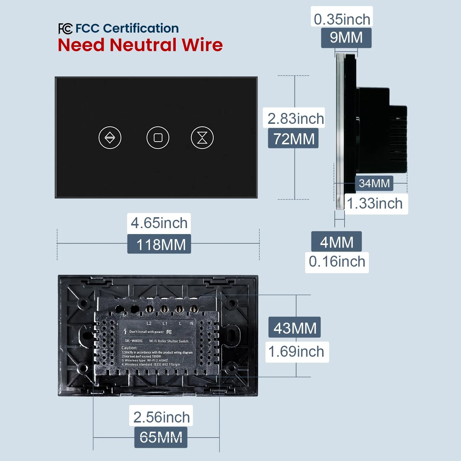 Interruttore intelligente per tapparelle con cavo neutro richiesto, interruttore WiFi per tapparelle da 2,4 GHz con controllo vocale remoto, pannello in vetro temperato, funziona con Alexa e