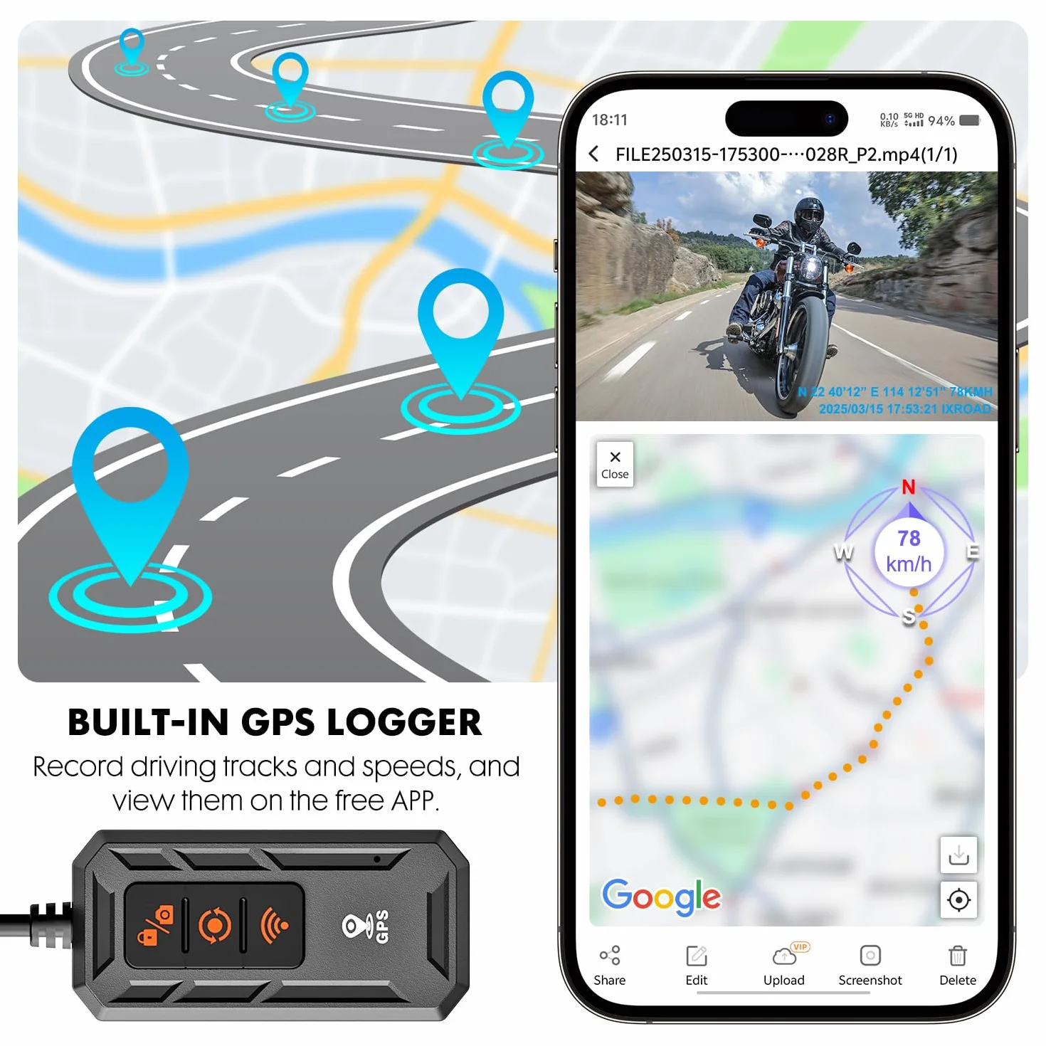Dash Cam Moto, 1080P WDR Telecamera Anteriore e Posteriore, Dashcam Impermeabile con WiFi, GPS, Modalità Parcheggio, Telecomando Cablato, Schermo da 3", Scheda TF da 64 GB