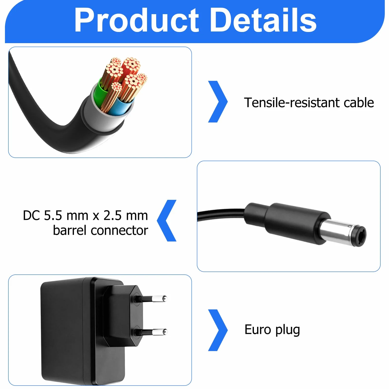 Adattatore Alimentazione 12V 1,5A Universale, Alimentatore AC/DC 100–240V con Presa Jack DC 5,5×2,5 mm, Caricatore per TV Box, Strisce LED, Router, Telecamere, Lampade, Cavo 1.5 m
