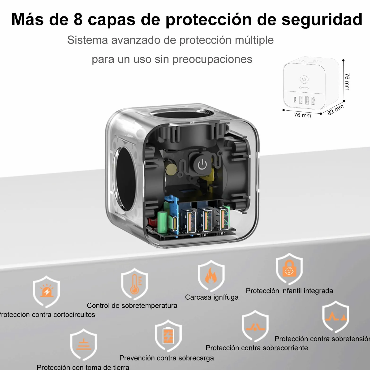 VEFVE Ciabatta con cavo, 7 in 1 cubo, presa multipla con USB C 20 W, 3 prese, 1 USB-C e 3 USB-A, 3680 W con interruttore, cavo di prolunga da 5 m