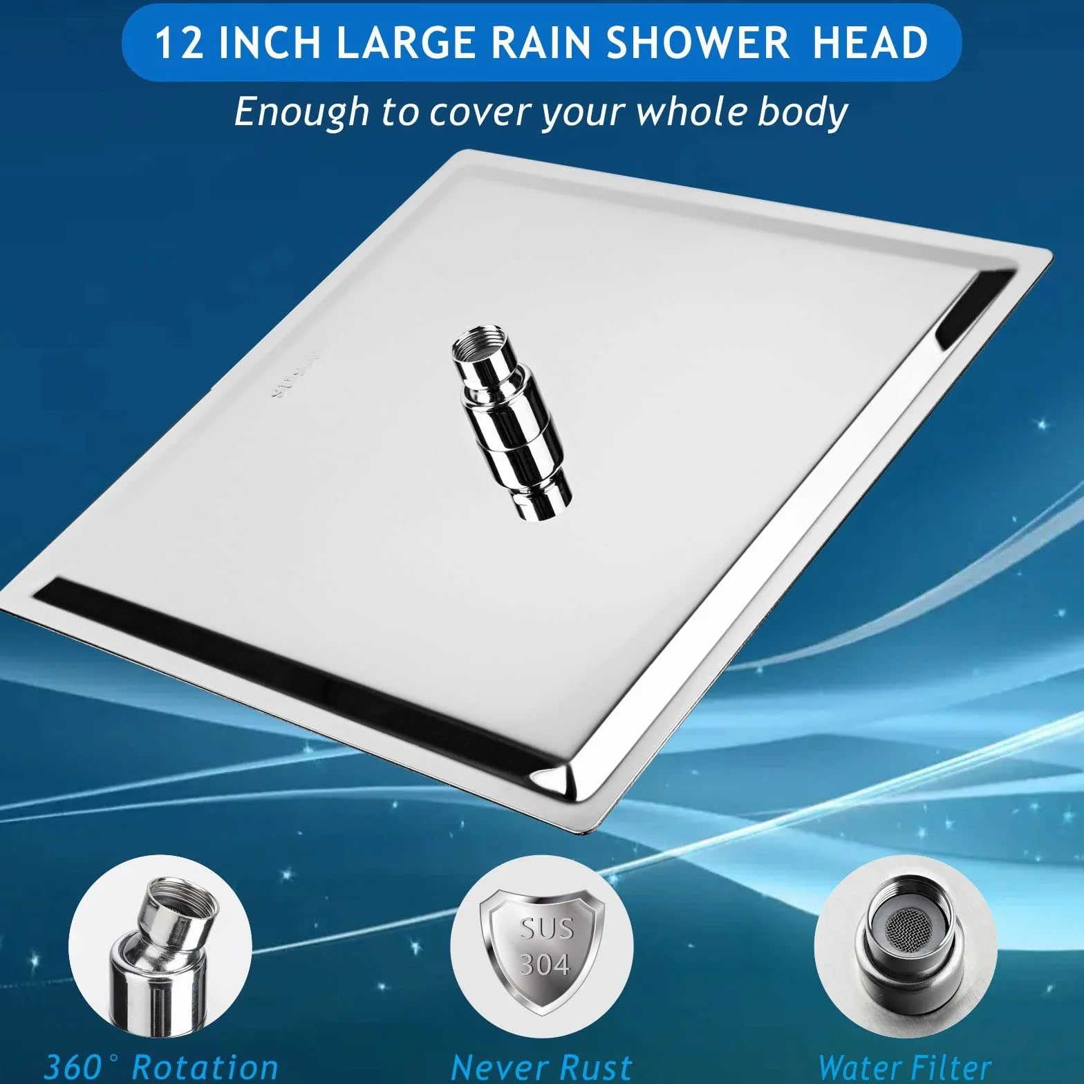 Voolan Soffione Doccia 30cm Inox 304 Alta Pressione Cromo