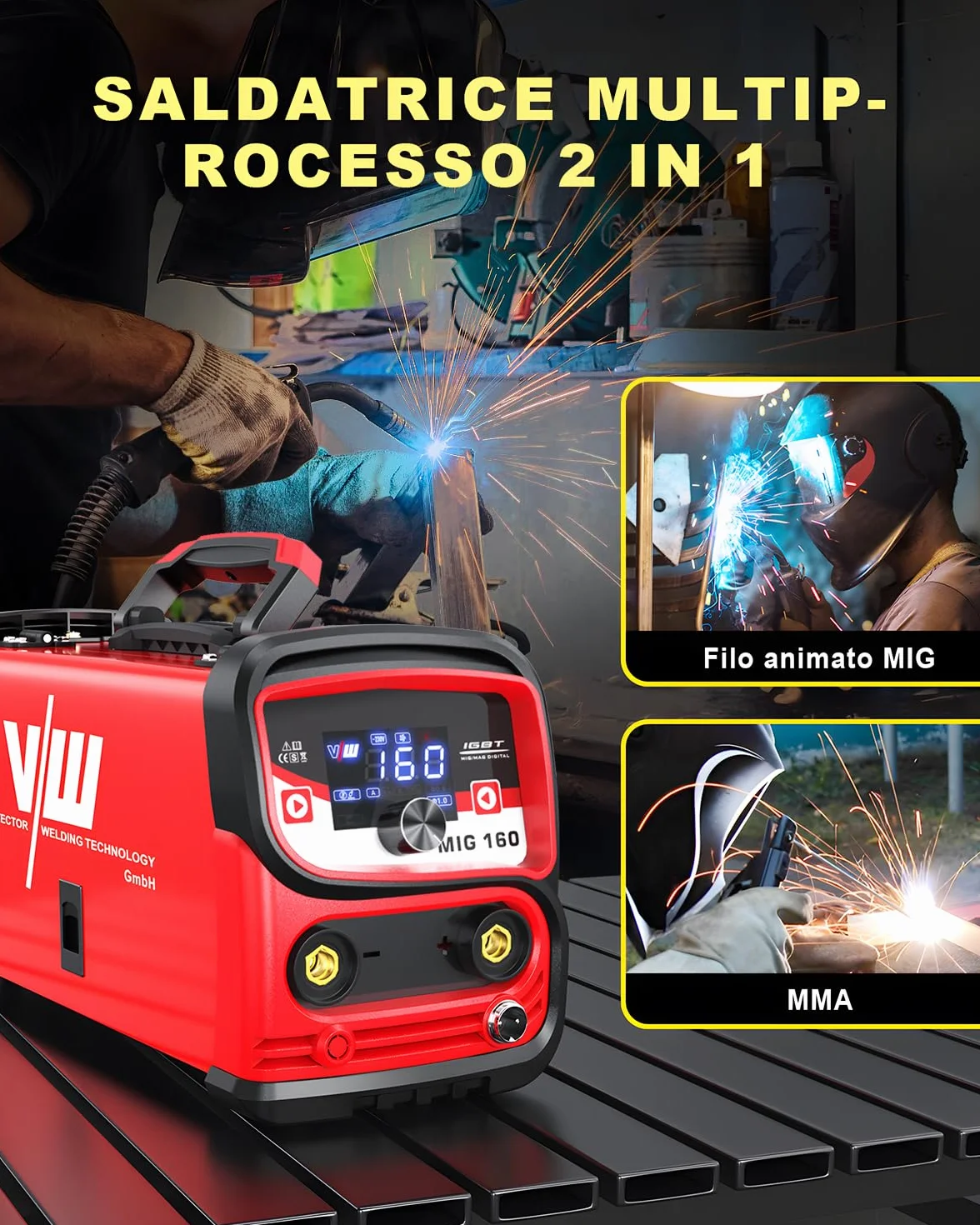 VECTOR WELDING Saldatrice a Filo Continuo MIG 160A 2 In 1 MIG/ARC IGBT Inverter