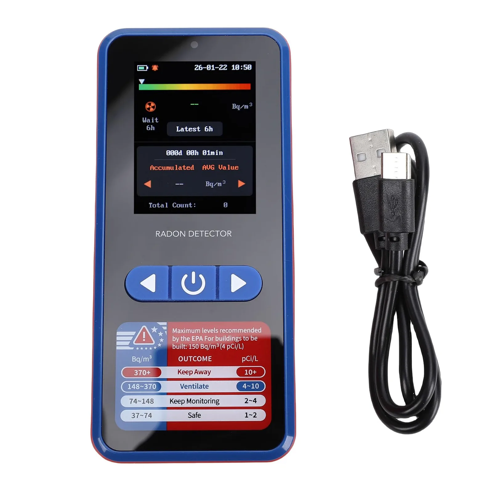Rilevatore di Radon, Monitor di Radon con Portata 3,3-37k Bq/m, Sensore di con Batteria da 2000 MAh e Archiviazione Dati per 504 Giorni, Ideale per l'uso nel Seminterrato di Casa