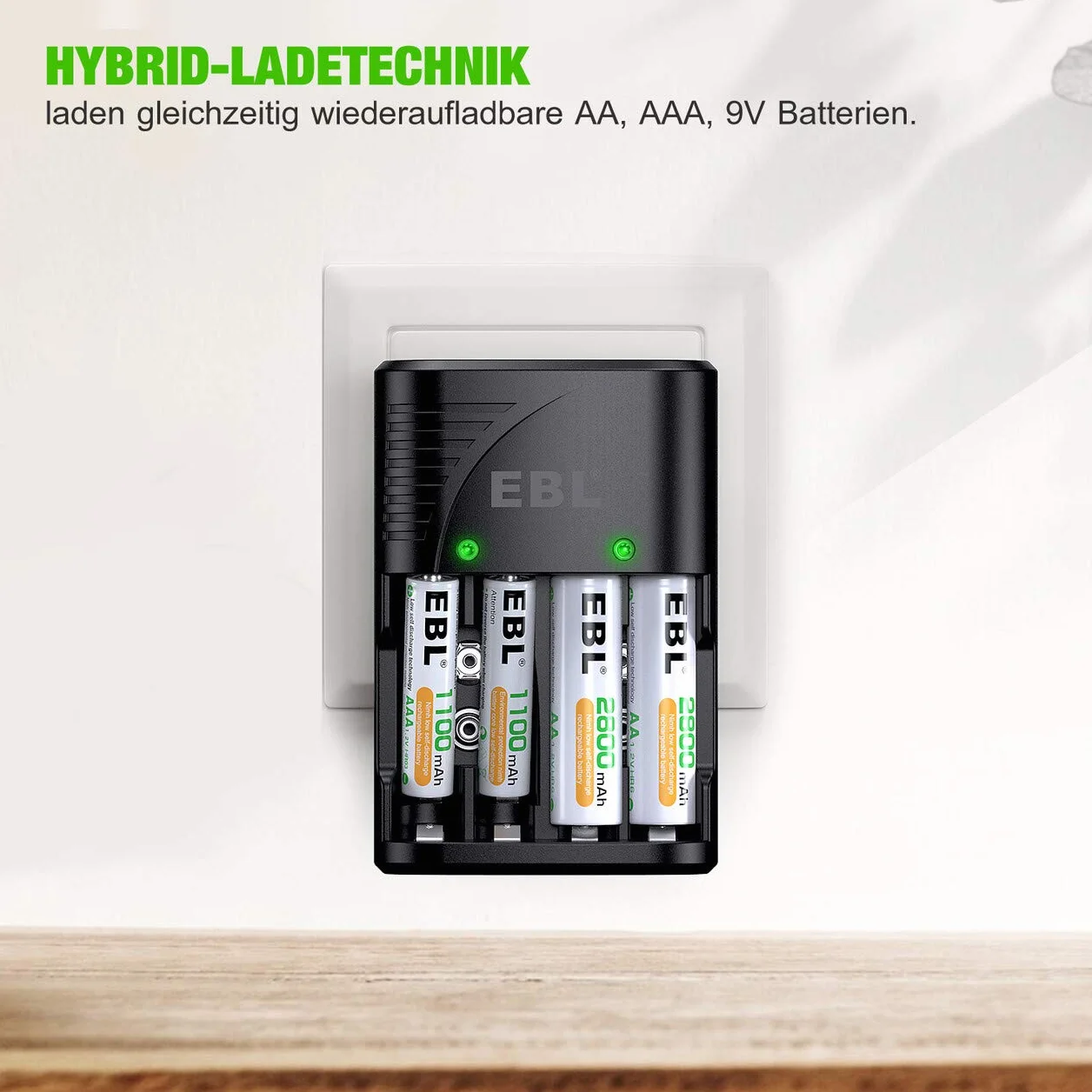 EBL Plug Caricabatterie Universale per AA e AAA 9V Ni-MH Batterie Ricaricabili, Carica Rapida, Indicatori LED Intelligenti