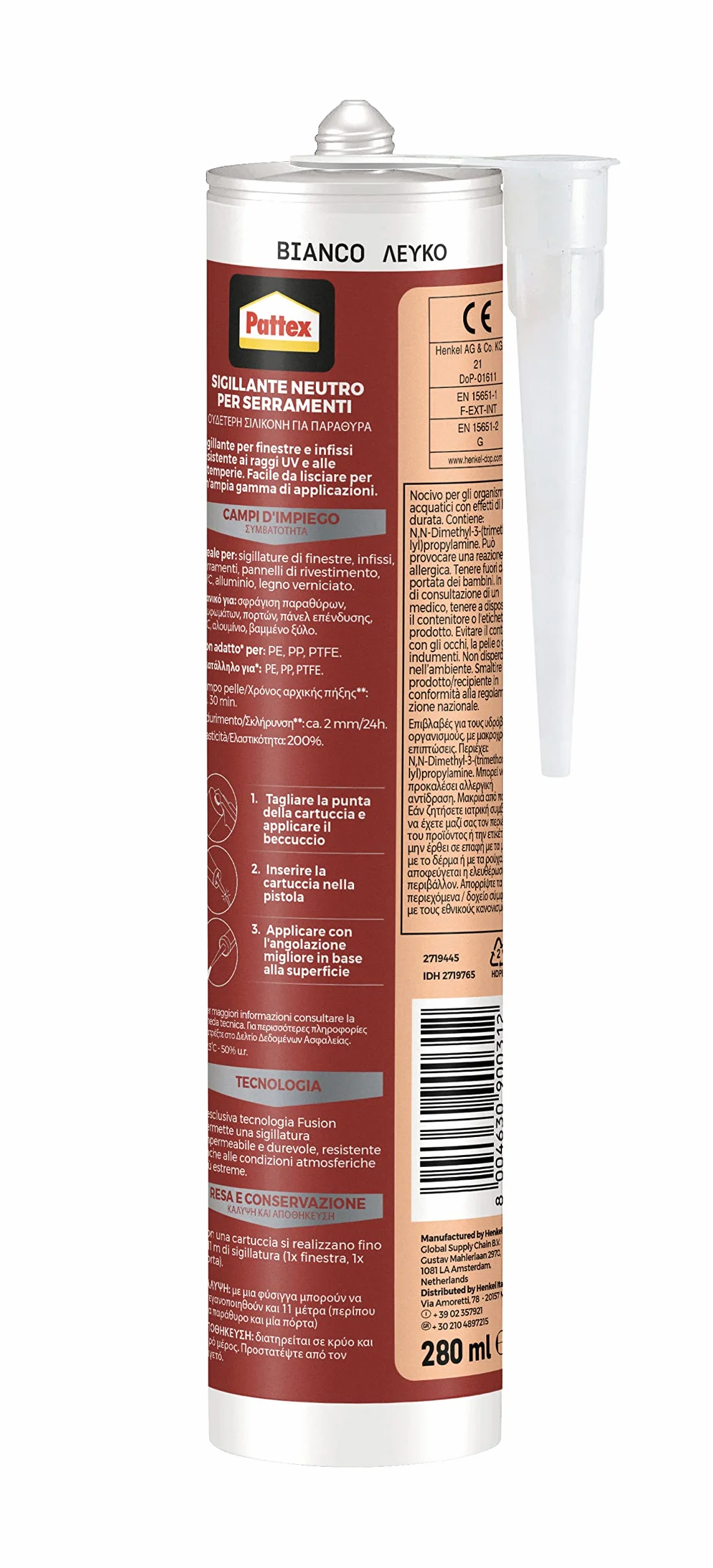 Pattex Silicone Bianco Neutro a Basso Modulo 280 ml per Finestre e Infissi