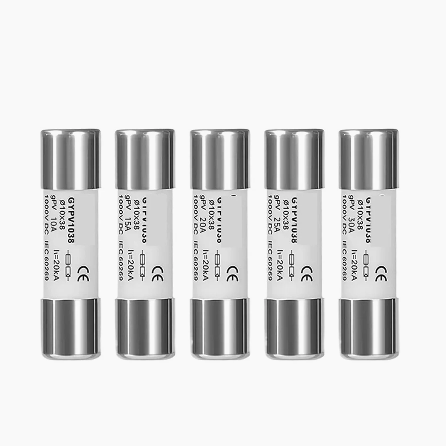 10PCS Fusibili fotovoltaici solari 1000V 10A 20A 25A 30A Alta tensione for protezione da cortocircuito del sistema solare Pannelli gPV 10x38mm(1000V DC 20A)