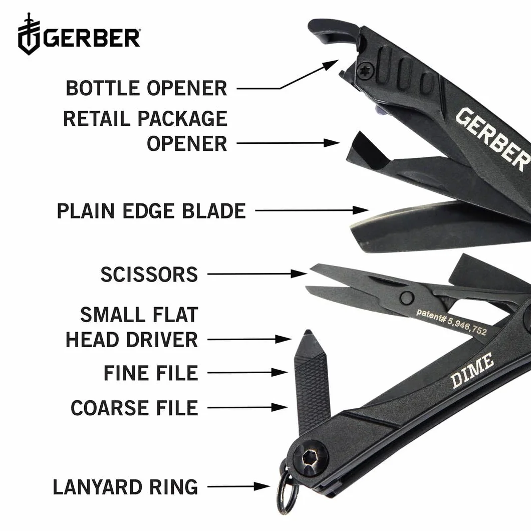 Gerber Utensile Multifunzione con 12 Funzioni, Multiutensile Tascabile Dime, Nero, 1014030