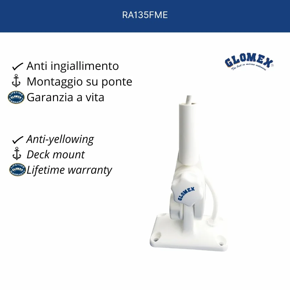 Glomex – Base a Doppio Snodo Glomeasy in Nylon (Bianco), Modello RA135FME – Bloccaggio a Manopola, Passacavo Impermeabile, Filettatura 5/8"x24, Per barche a vela, motore, gommoni, yacht