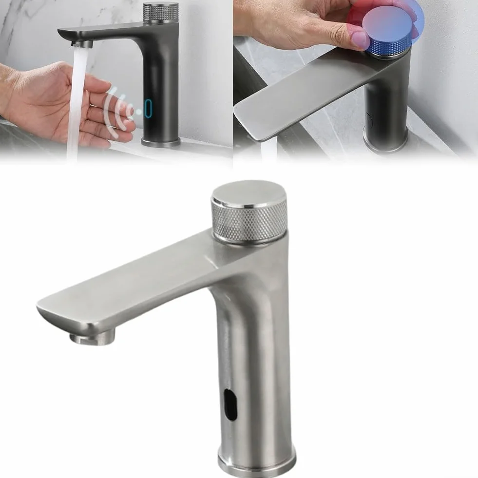 Zilimontt Rubinetto con sensore a infrarossi, in acciaio inox, touchless, automatico per lavabo, miscelatore per acqua calda e fredda