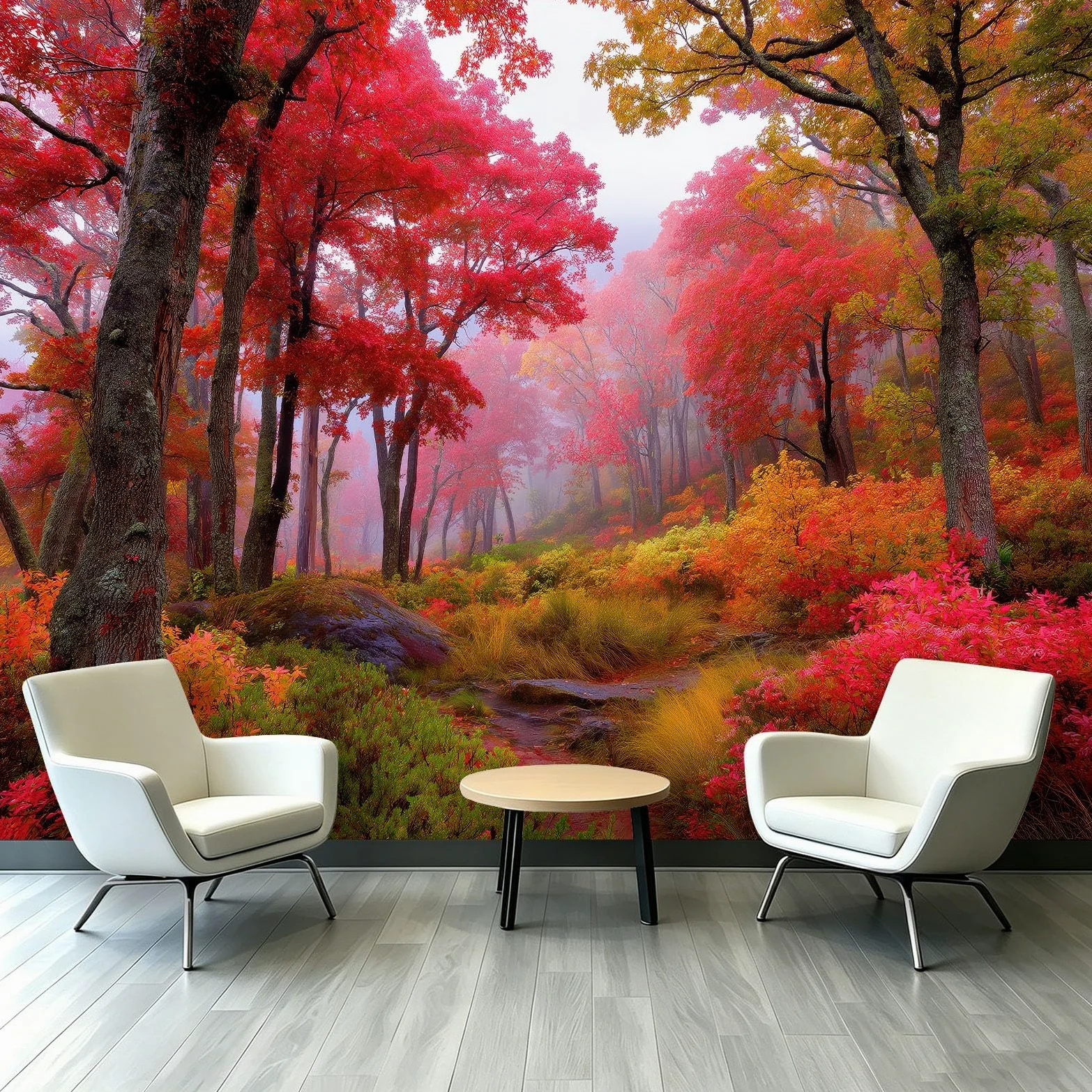 Carta da parati murale con paesaggio autunnale, motivo botanico scandinavo, 300 x 210 cm, con alberi e foglie rosse e nebbia, adesivo da parete per camera da letto, soggiorno, corridoio, divano