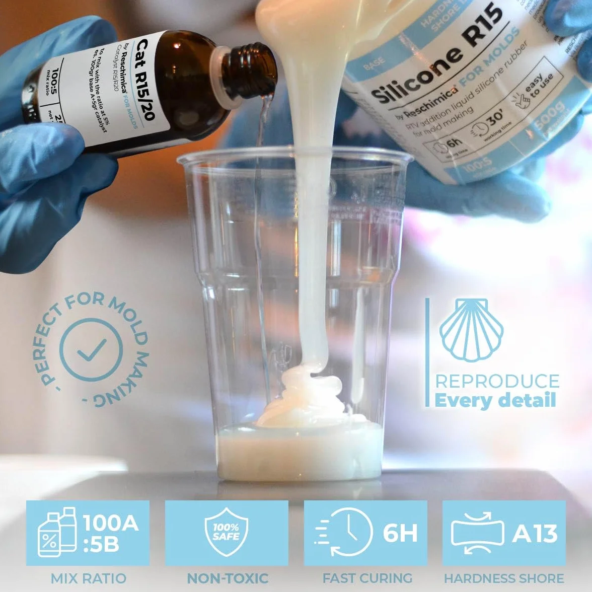 Gomma Siliconica Liquida Bicomponente R15 500 g per Stampi in Silicone Morbidi