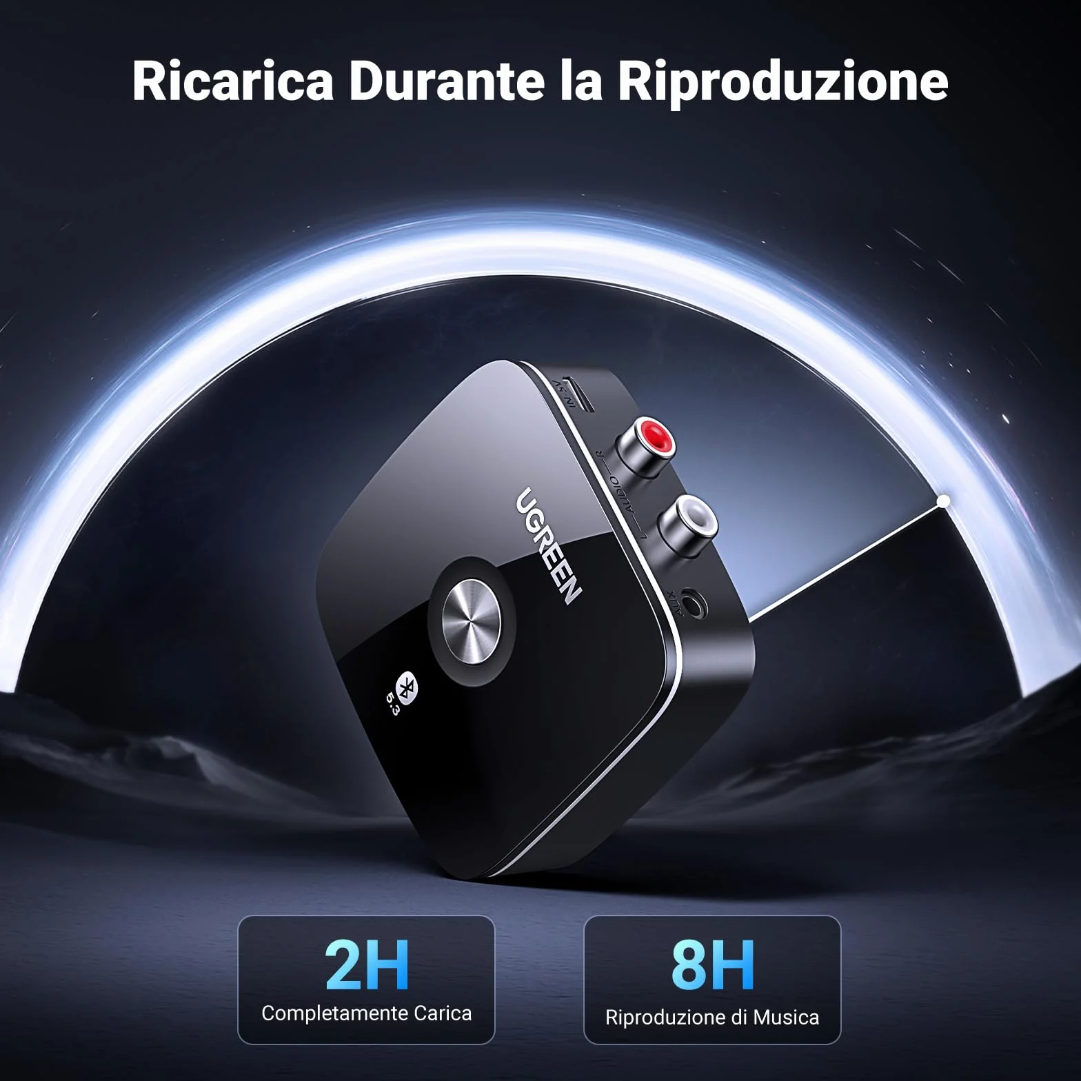 UGREEN Ricevitore Bluetooth 5.3 EDR HiFi Jack 3.5mm 2RCA Adattatore Audio Integrato A2DP Hifi Musica Stereo con Cavo e AUX per Amplificatore Altoparlanti