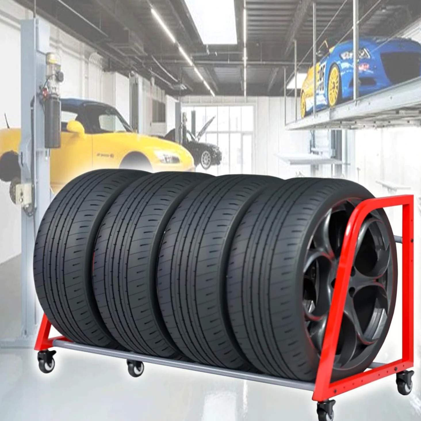 Scaffale Porta-Pneumatici Da Pavimento, Scaffale Porta-Pneumatici Rosso, Scaffale Porta-Pneumatici Con Ruote, Espositore Porta-Pneumatici Da Parete